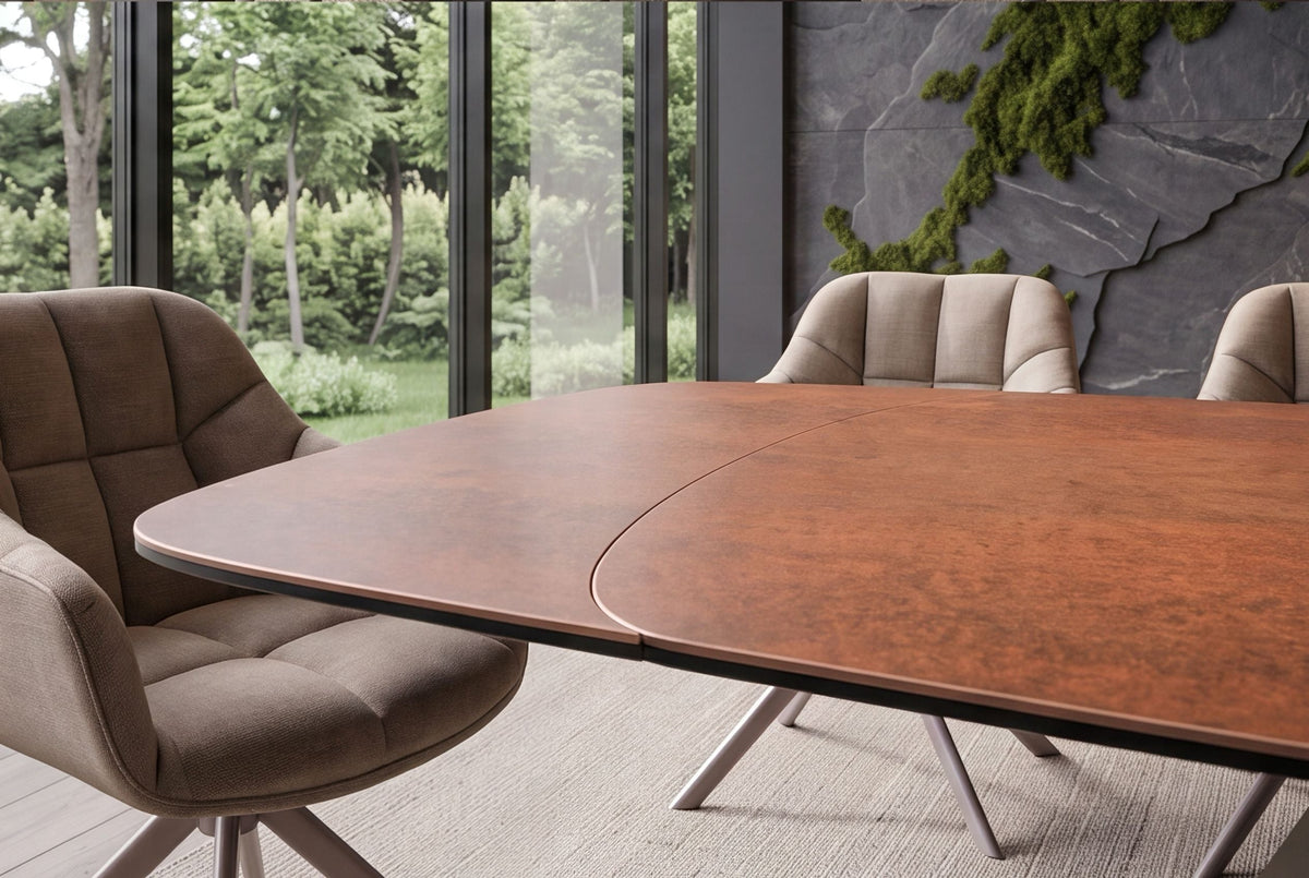 Table à manger extensible INFINITY 180-260cm forme bateau en céramique espagnole marron rouille