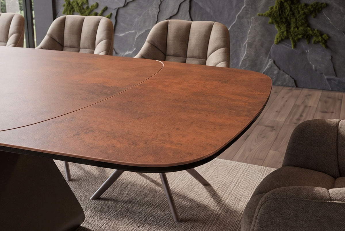Table à manger extensible INFINITY 180-260cm forme bateau en céramique espagnole marron rouille