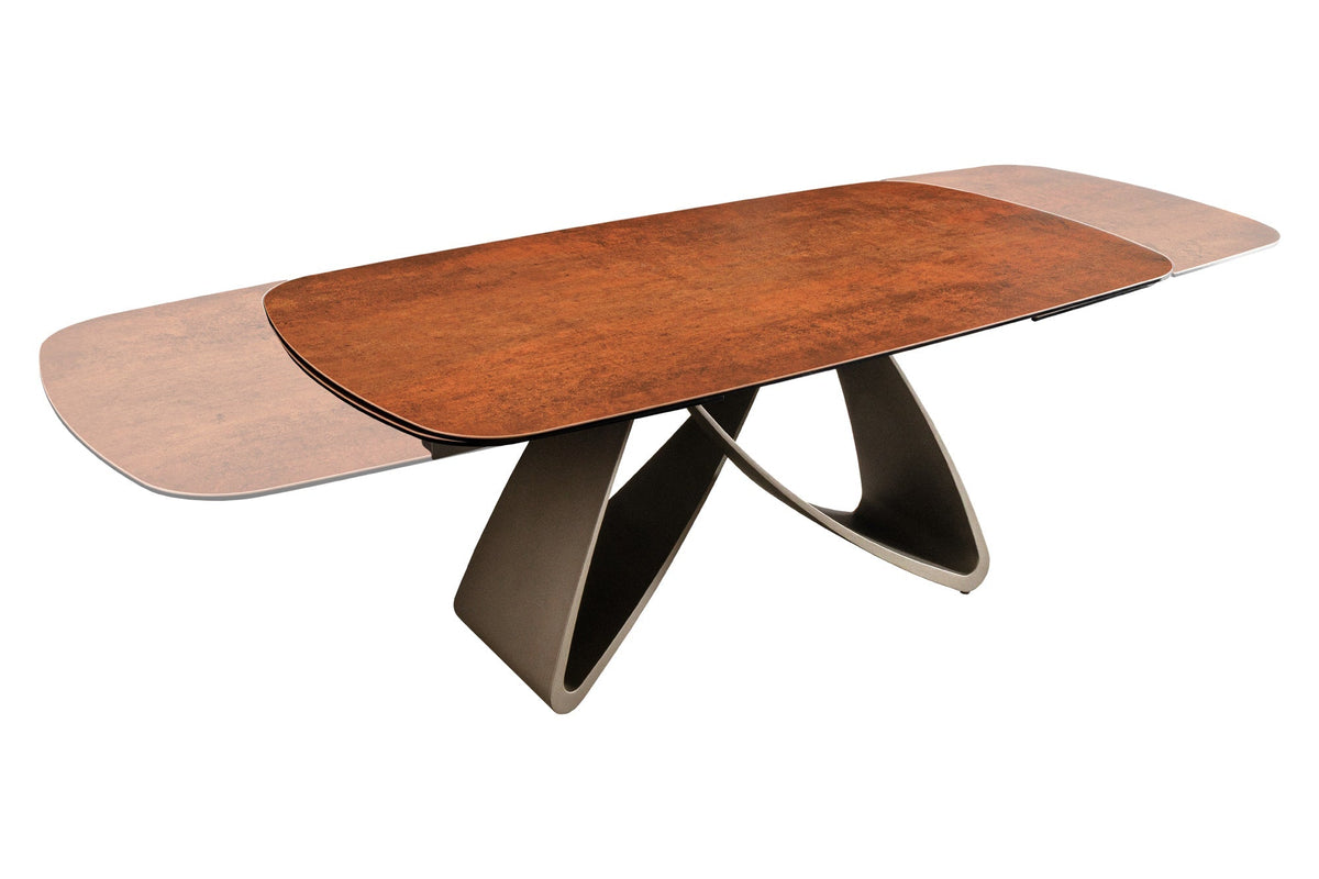 Table à manger extensible INFINITY 180-260cm forme bateau en céramique espagnole marron rouille