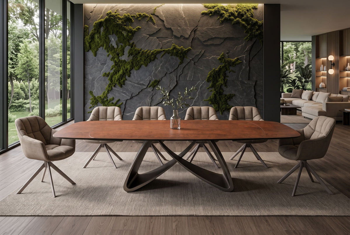 Table à manger extensible INFINITY 180-260cm forme bateau en céramique espagnole marron rouille
