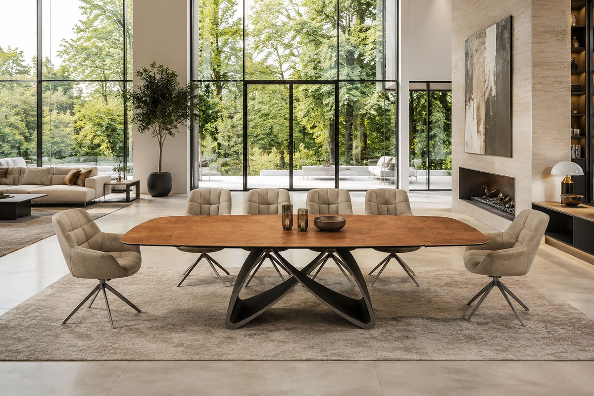 Table à manger extensible INFINITY 180-260cm forme bateau en céramique espagnole marron rouille