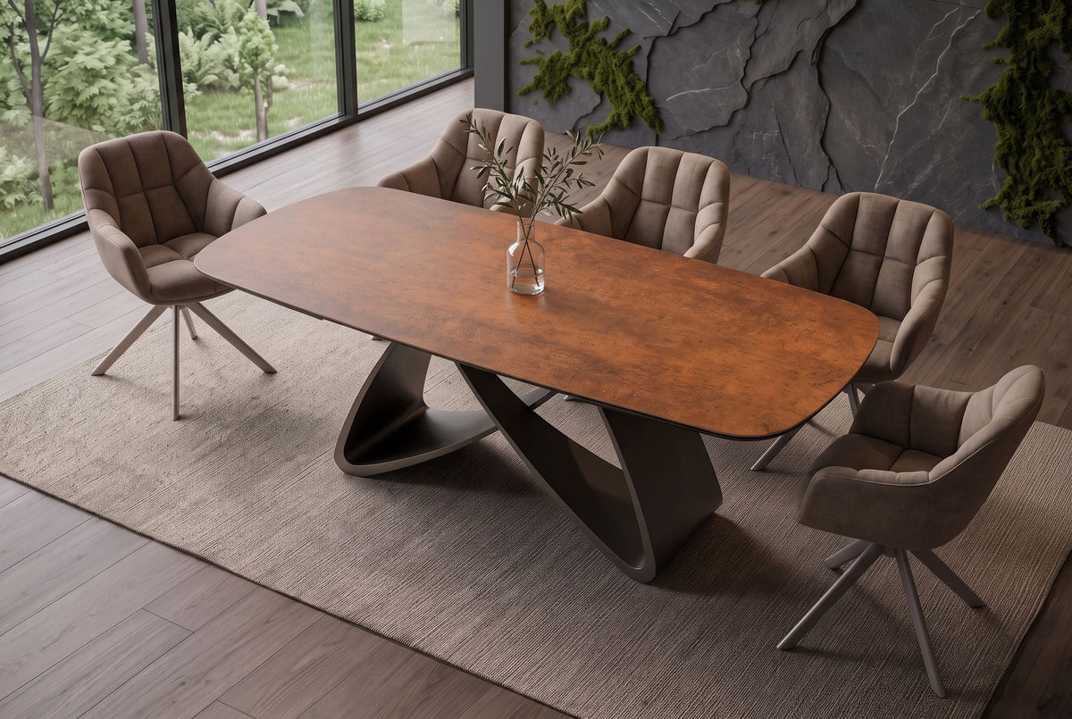 Table à manger extensible INFINITY 180-260cm forme bateau en céramique espagnole marron rouille