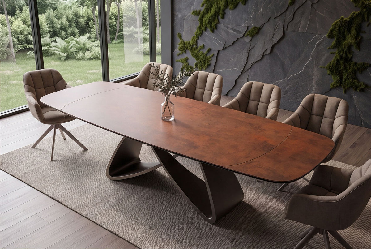 Table à manger extensible INFINITY 180-260cm forme bateau en céramique espagnole marron rouille