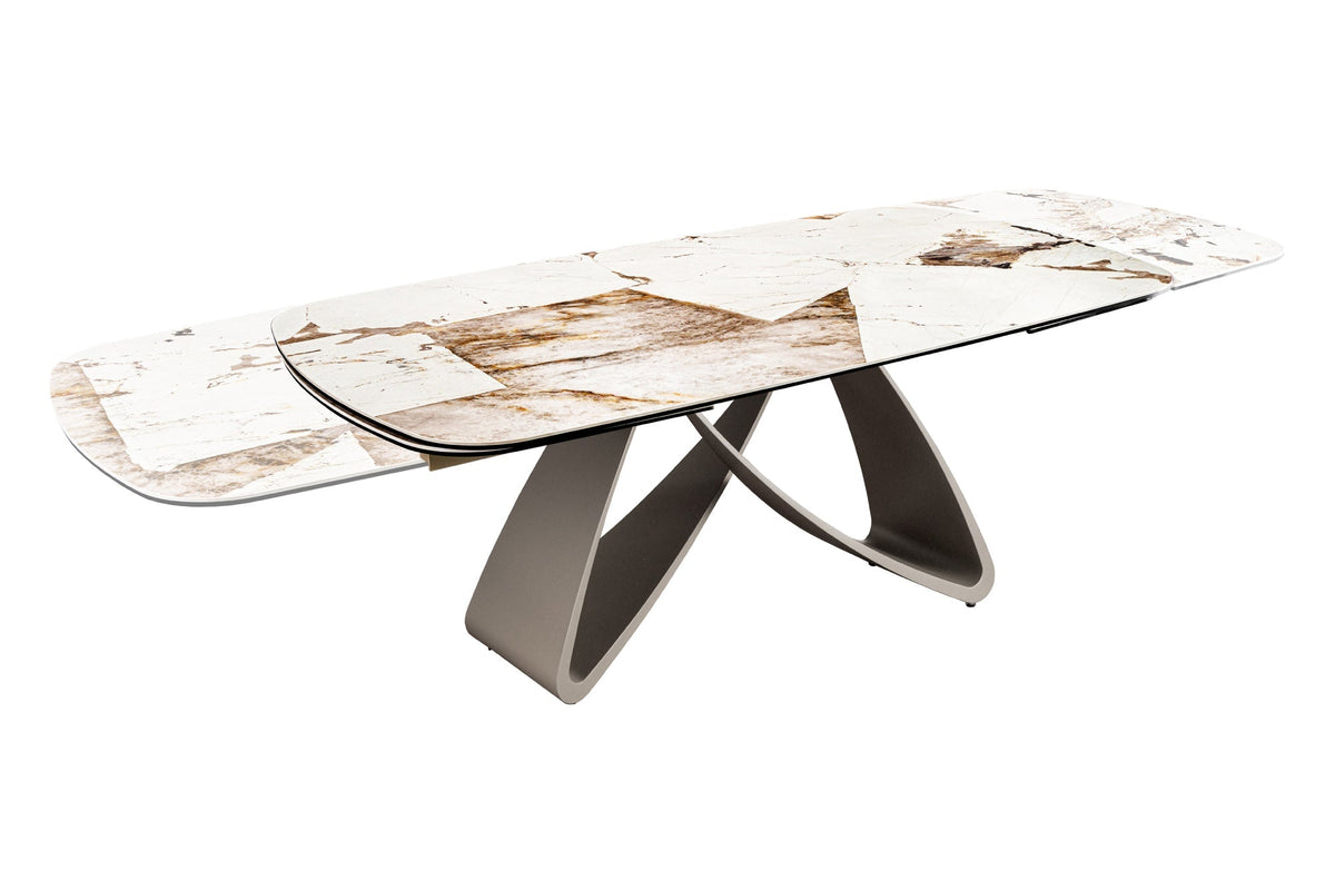 Table à manger extensible INFINITY 180-260cm forme bateau en céramique Patagonia blanc marron
