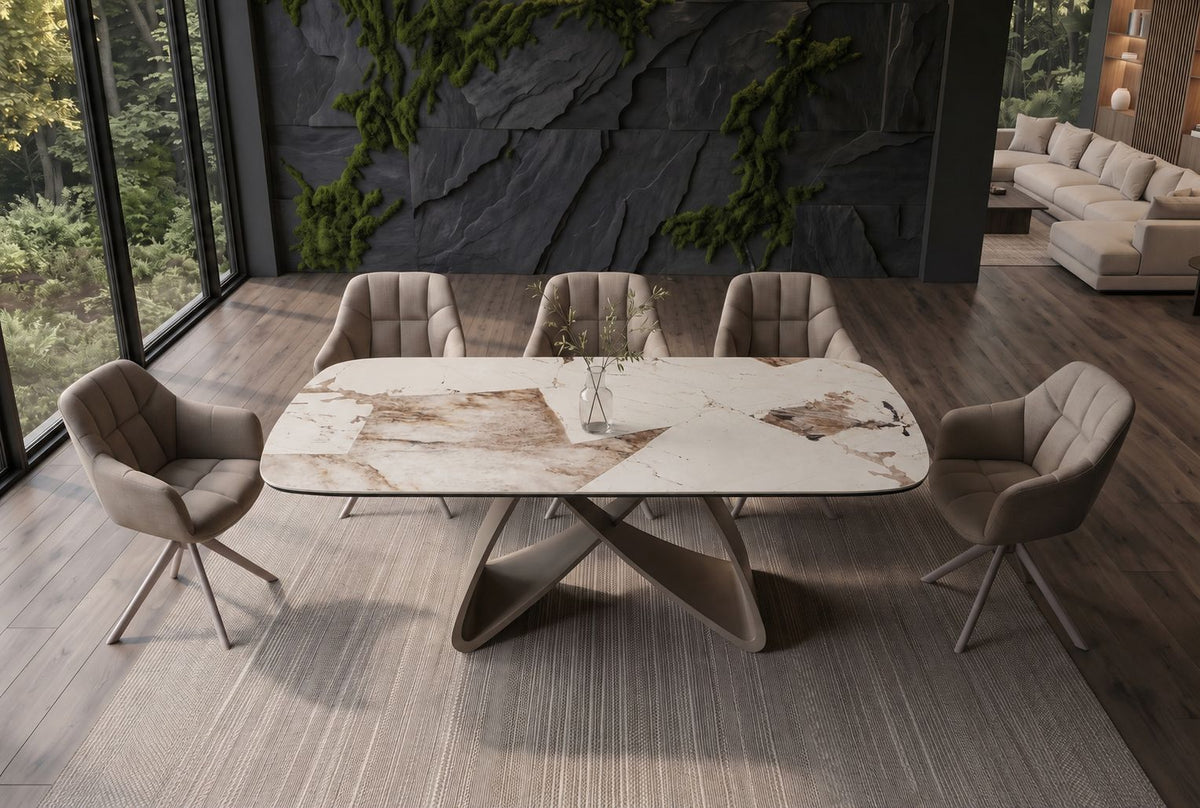 Table à manger extensible INFINITY 180-260cm forme bateau en céramique Patagonia blanc marron