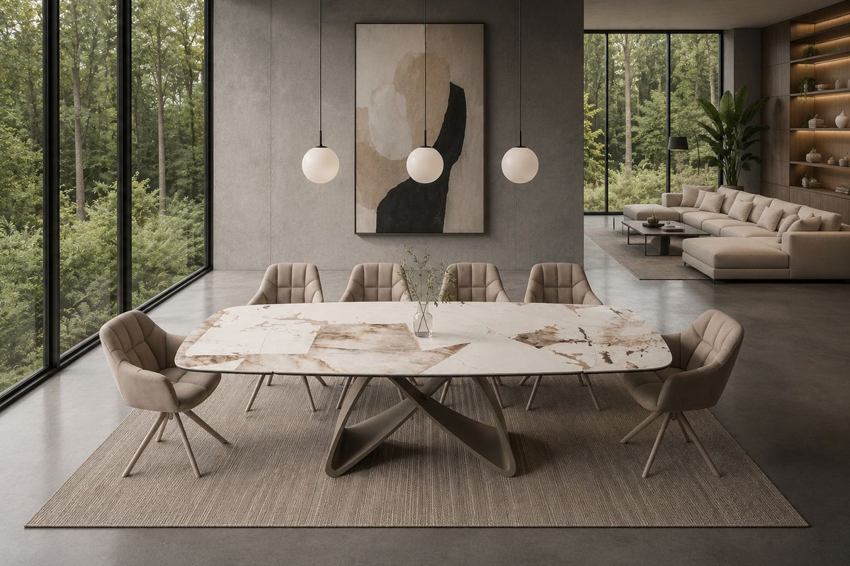 Table à manger extensible INFINITY 180-260cm forme bateau en céramique Patagonia blanc marron