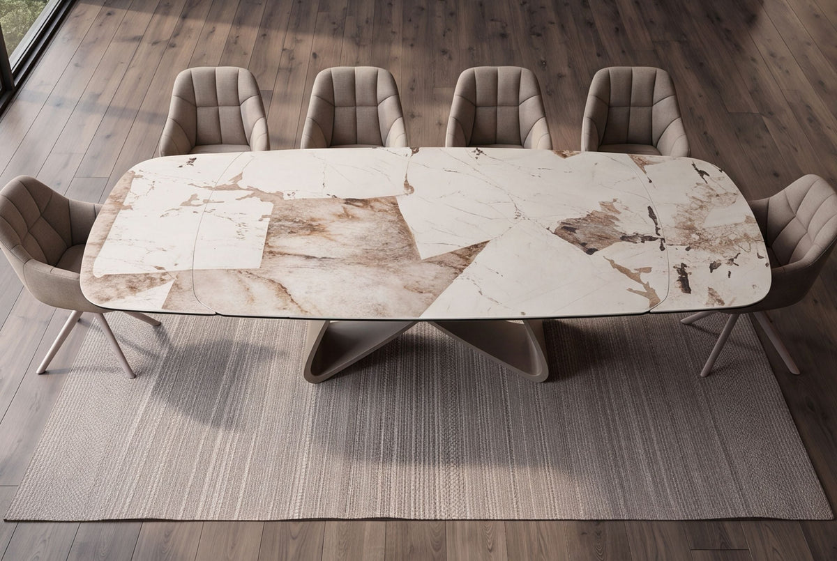 Table à manger extensible INFINITY 180-260cm forme bateau en céramique Patagonia blanc marron