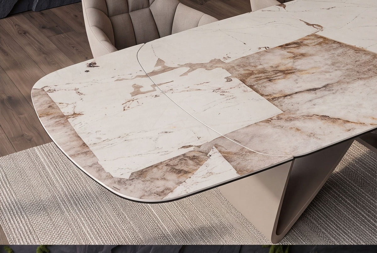 Table à manger extensible INFINITY 180-260cm forme bateau en céramique Patagonia blanc marron