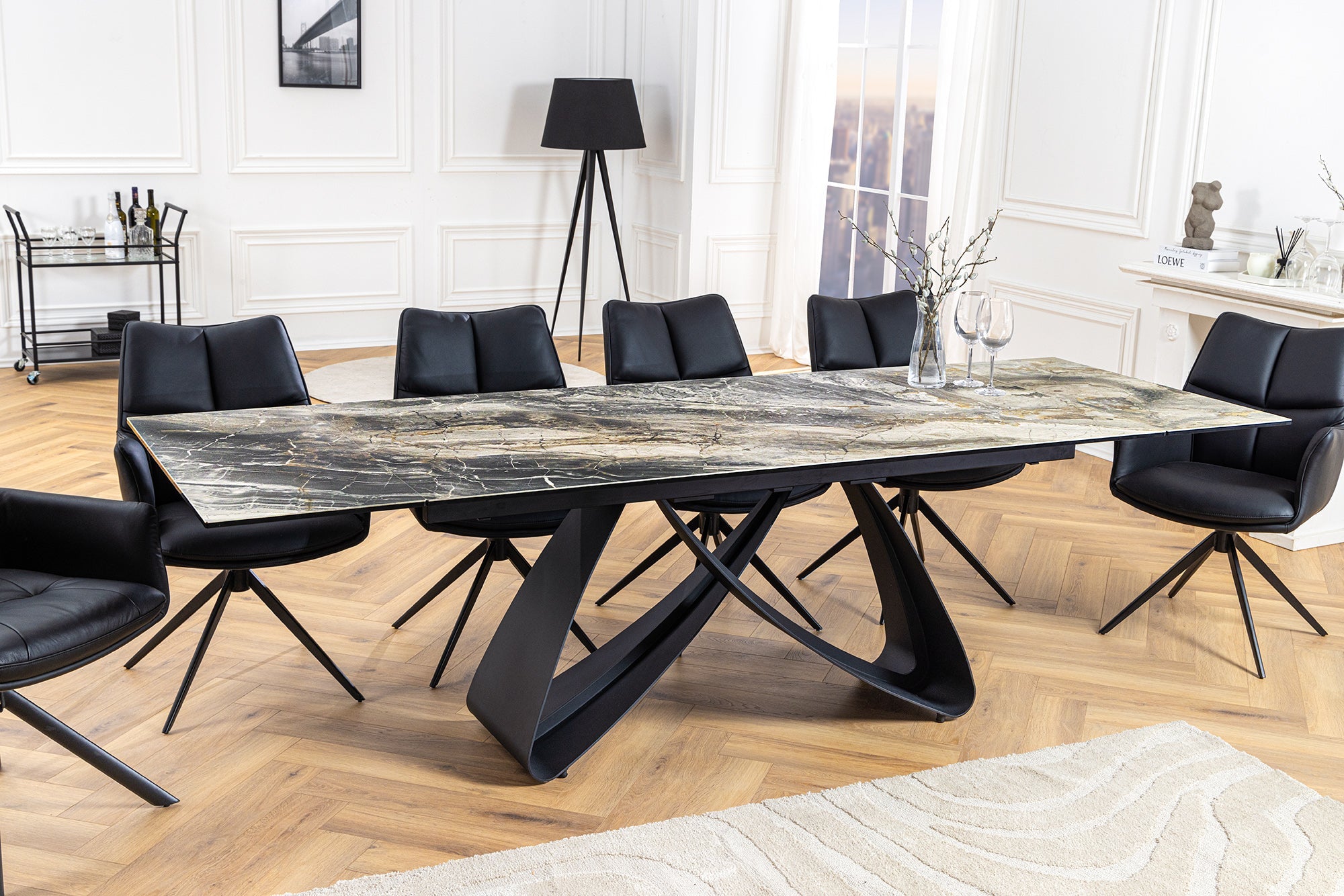 INFINITY mesa de comedor extensible 180-260cm taupe cerámica mármol negro metal