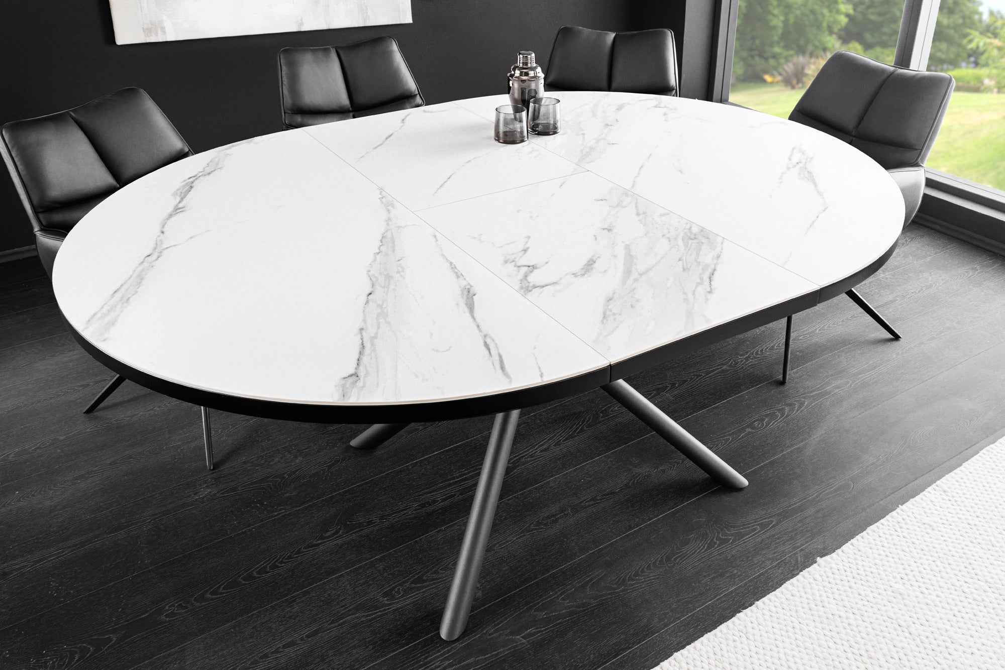 Table à manger extensible MIKADO 120-160 cm en céramique blanche ovale avec structure étoile noire