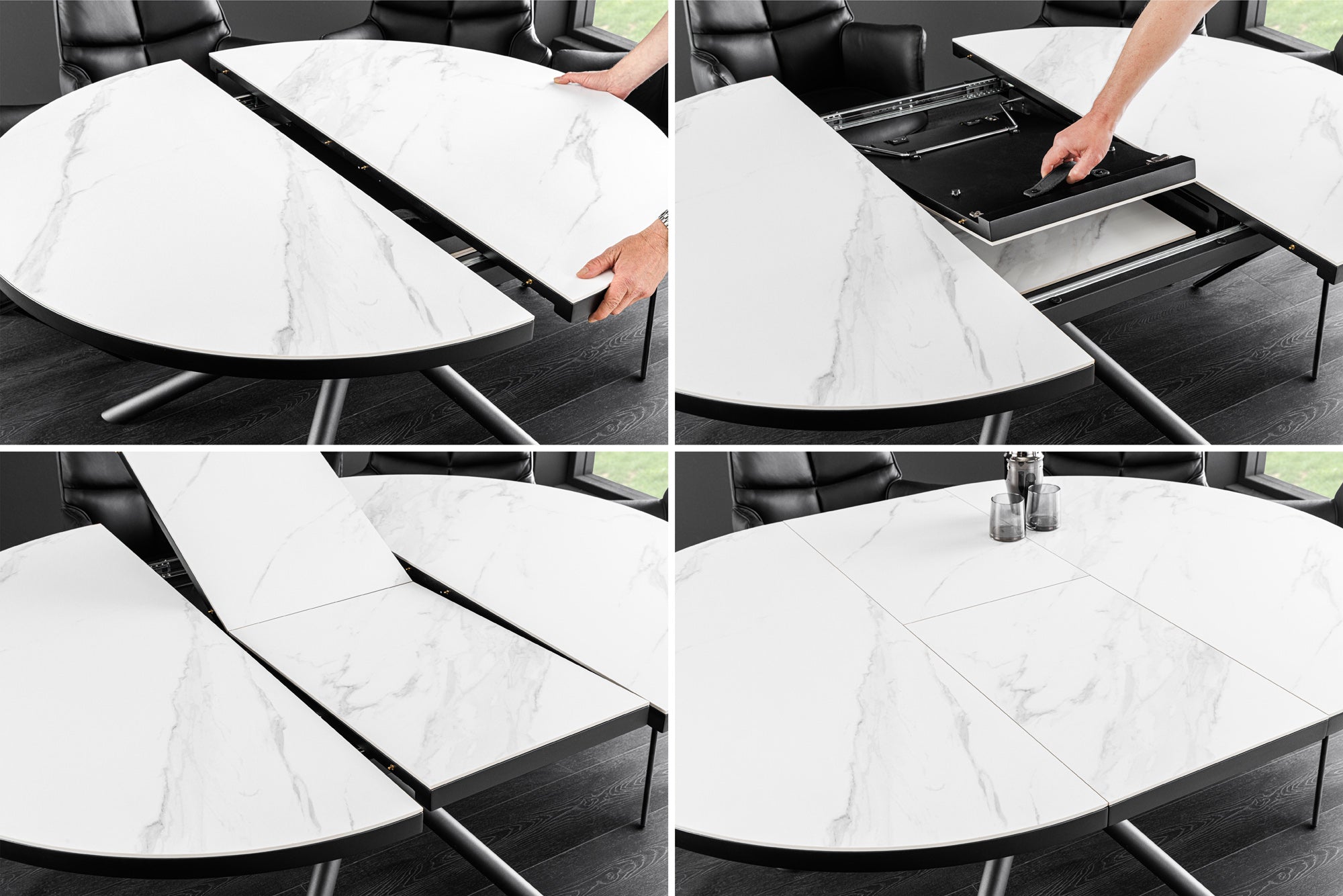 Table à manger extensible MIKADO 120-160 cm en céramique blanche ovale avec structure étoile noire