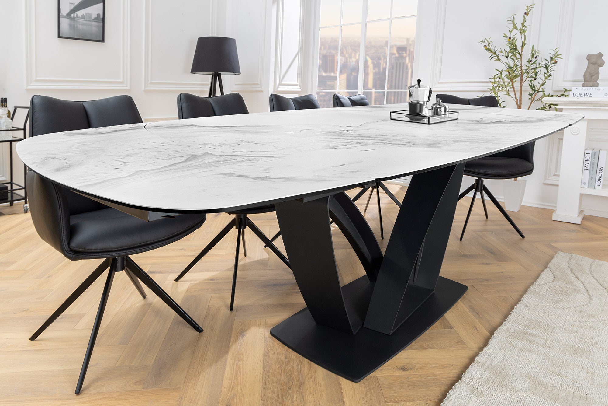 Mesa de comedor extensible PAPILLON 180-260cm cerámica blanca mármol negro metal