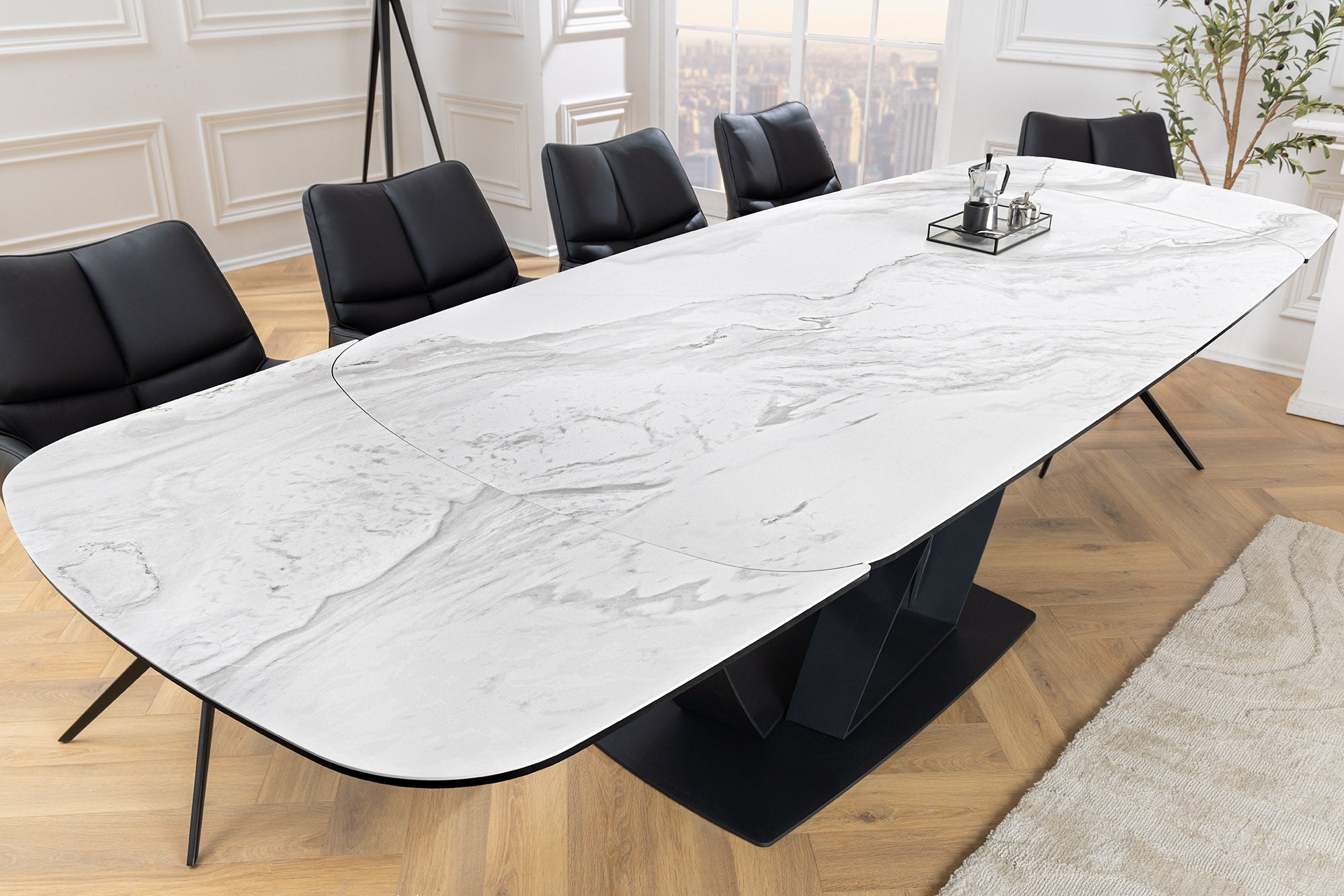 Mesa de comedor extensible PAPILLON 180-260cm cerámica blanca mármol negro metal