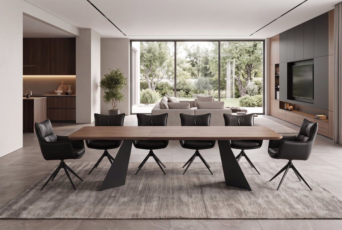 Table à manger extensible PRESTIGE 180-240cm bois de noyer naturel structure métal noir