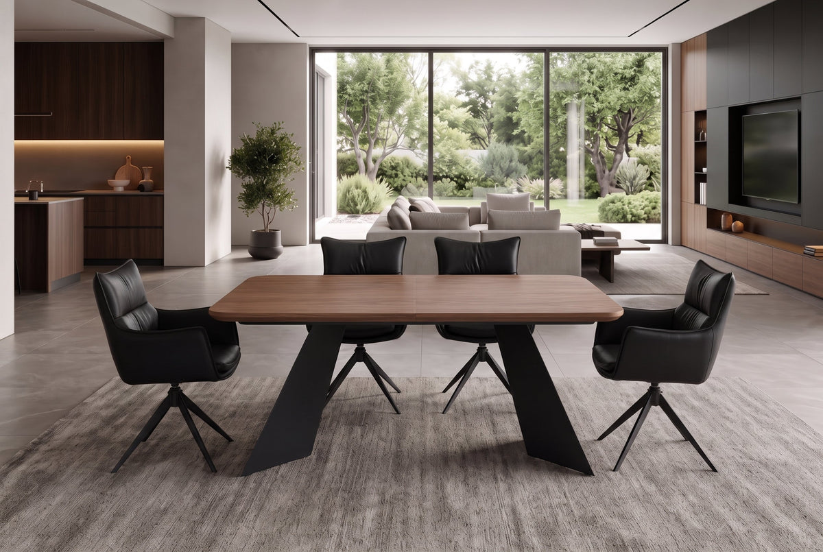 Table à manger extensible PRESTIGE 180-240cm bois de noyer naturel structure métal noir