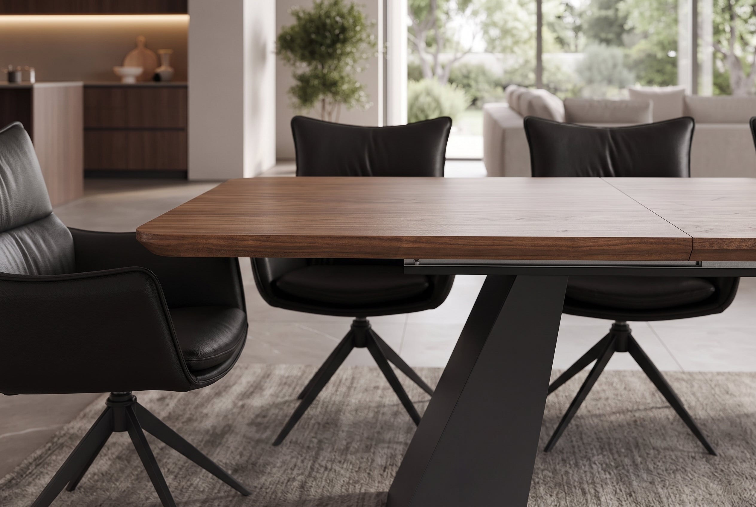 Table à manger extensible PRESTIGE 180-240cm bois de noyer naturel structure métal noir