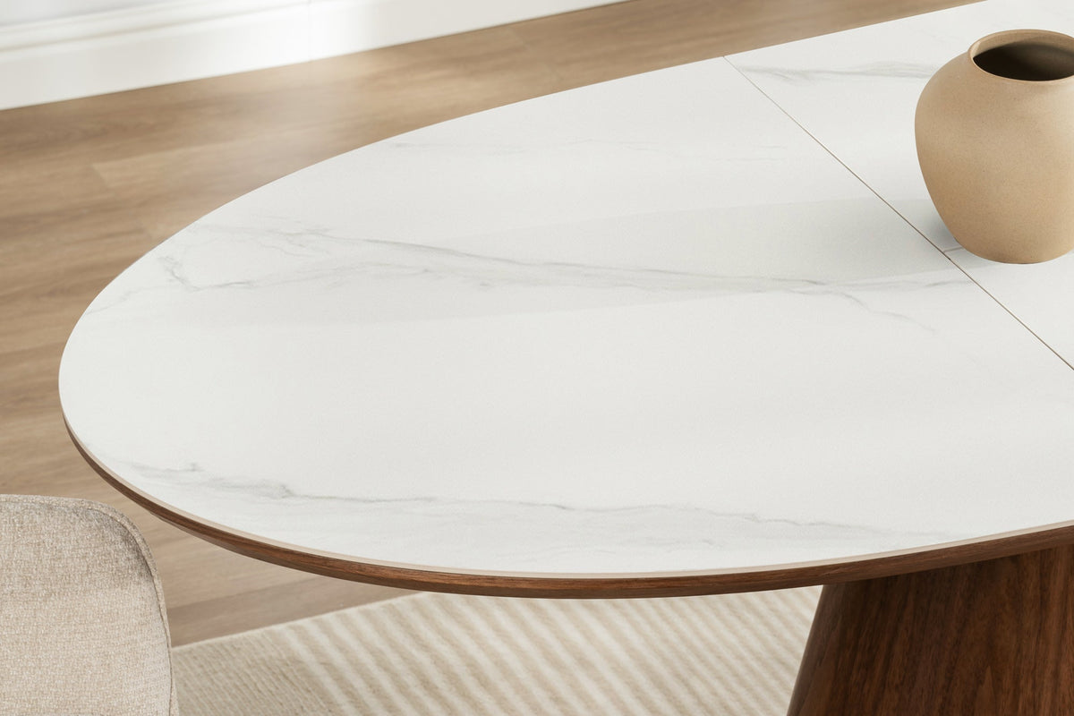 Table à manger extensible UNIQUE 160-200cm blanc marron noyer bois céramique marbre base colonne