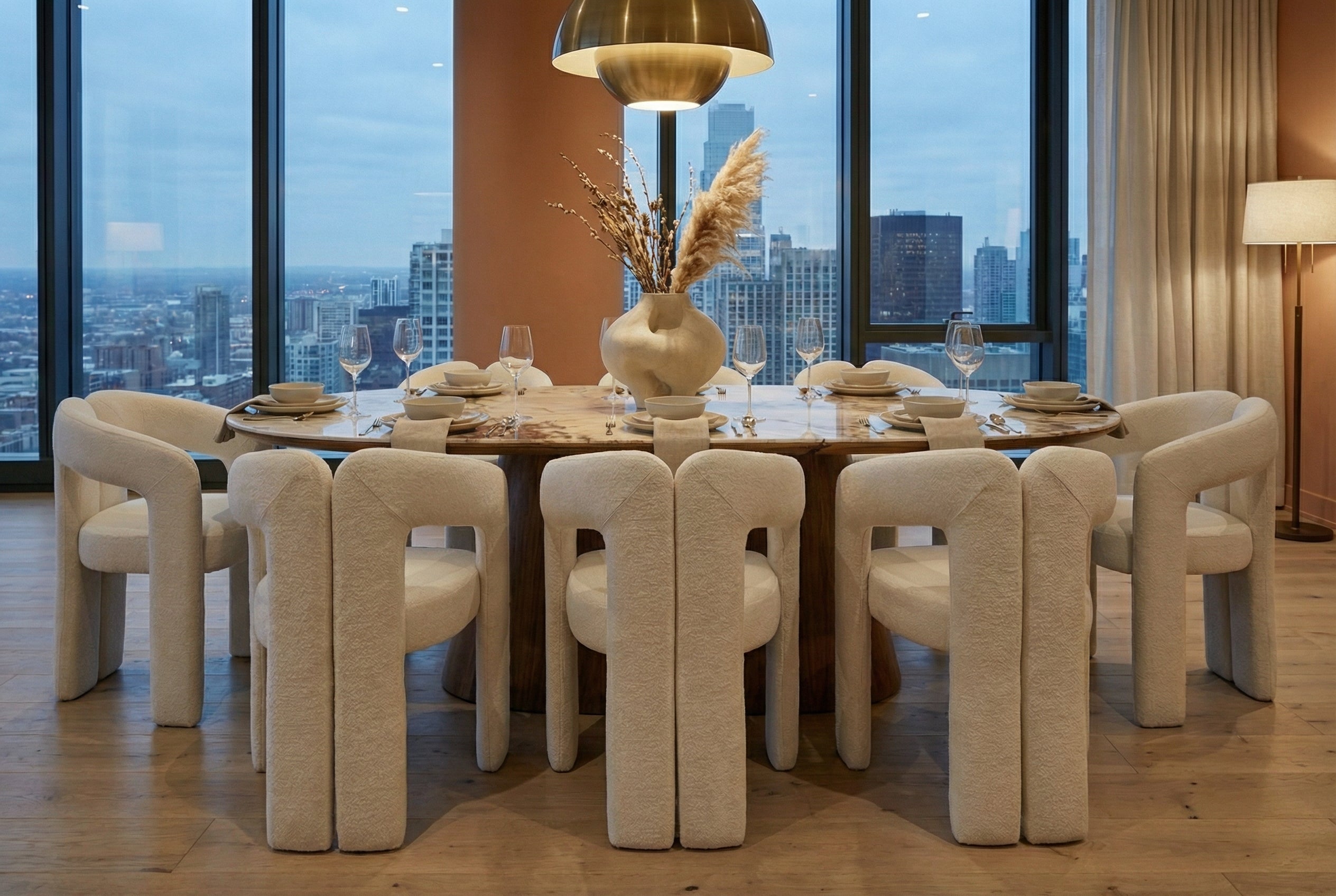 Table à manger extensible UNIQUE 160-200cm blanc Pandora céramique marron noyer pied colonne