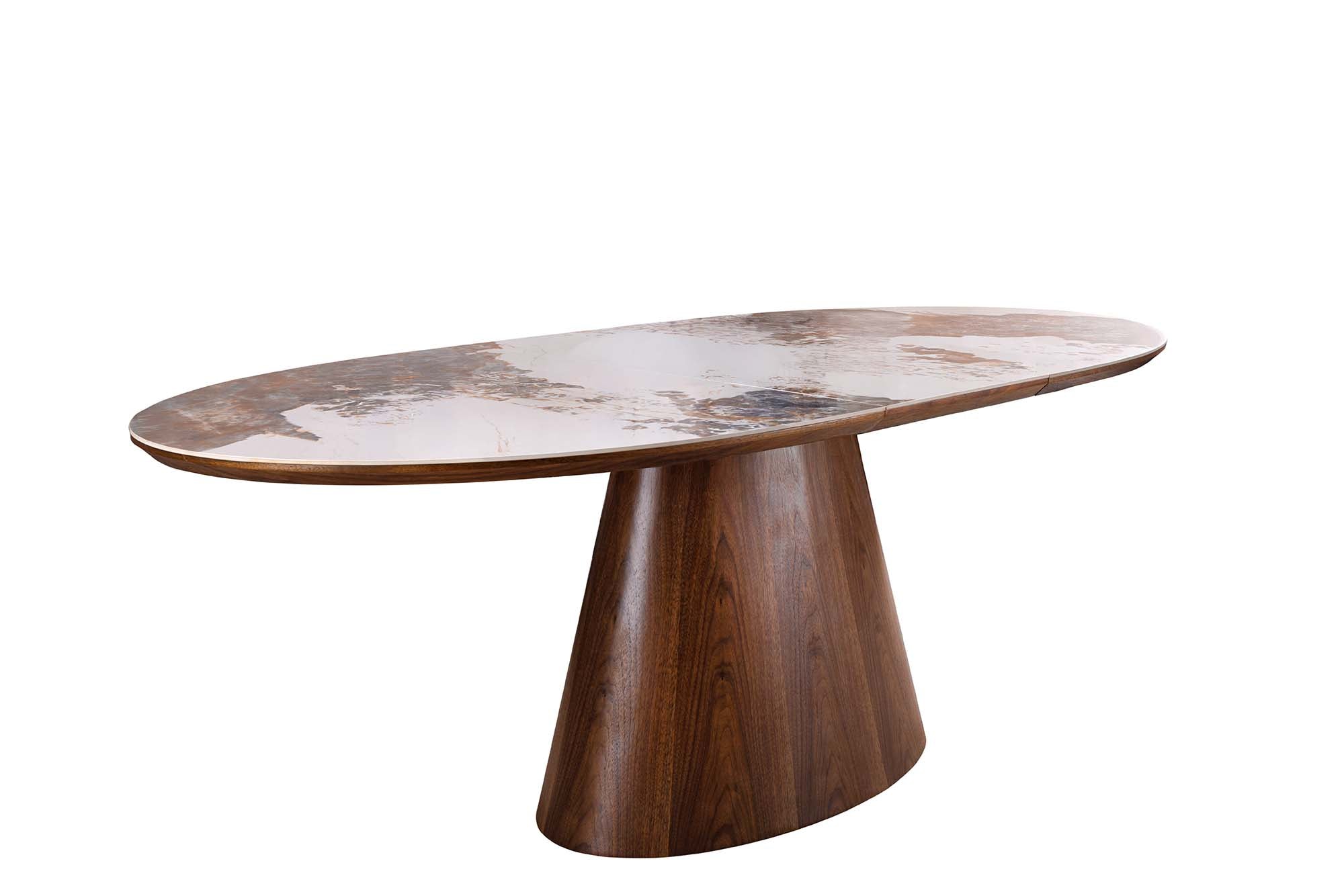 Table à manger extensible UNIQUE 160-200cm blanc Pandora céramique marron noyer pied colonne
