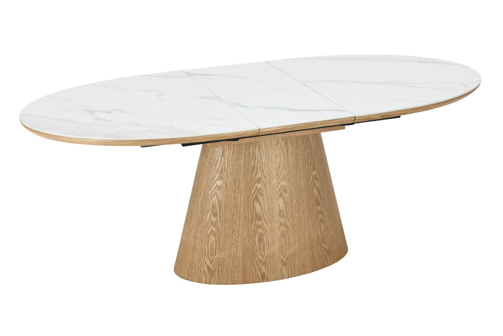 Table à manger extensible UNIQUE 160-200cm bois de chêne naturel blanc base colonne en marbre céramique