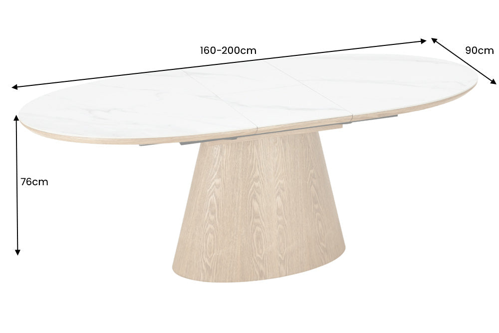 Table à manger extensible UNIQUE 160-200cm bois de chêne naturel blanc base colonne en marbre céramique