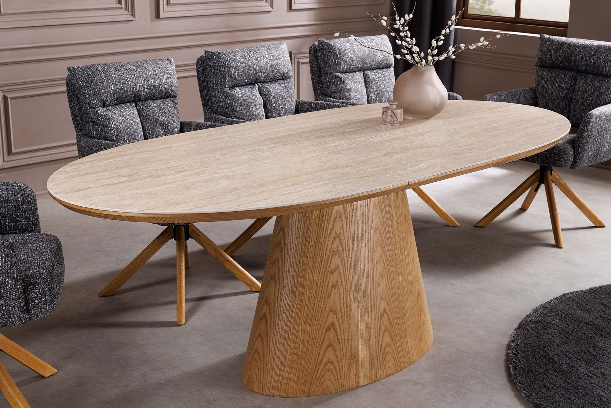 Table à manger extensible UNIQUE 160-200cm bois de chêne naturel travertin base colonne en céramique