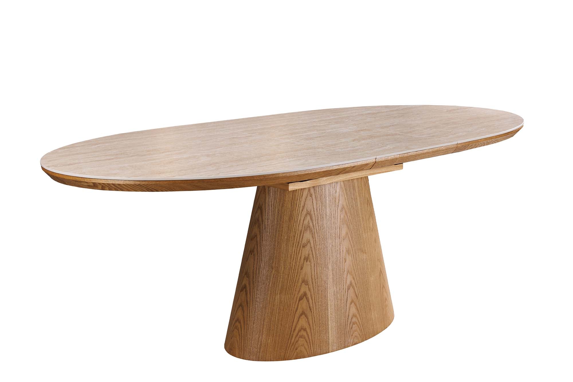 Table à manger extensible UNIQUE 160-200cm bois de chêne naturel travertin base colonne en céramique