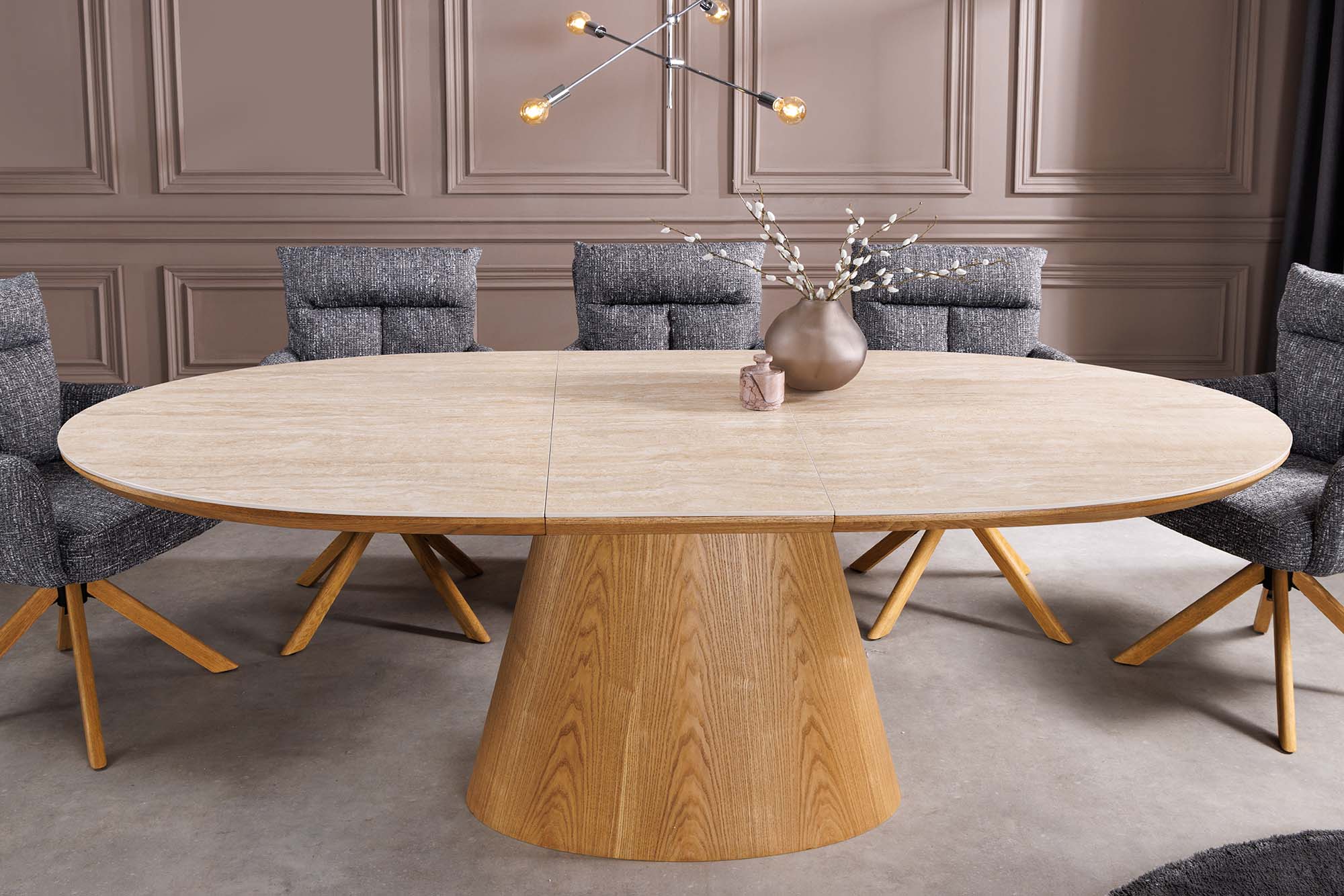 Table à manger extensible UNIQUE 160-200cm bois de chêne naturel travertin base colonne en céramique