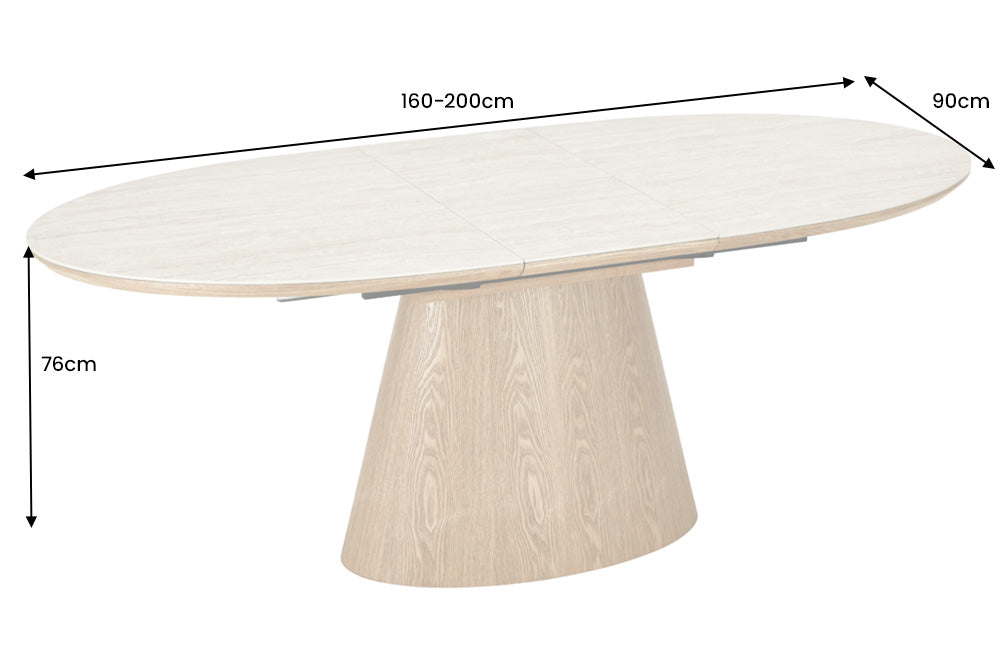 Table à manger extensible UNIQUE 160-200cm bois de chêne naturel travertin base colonne en céramique