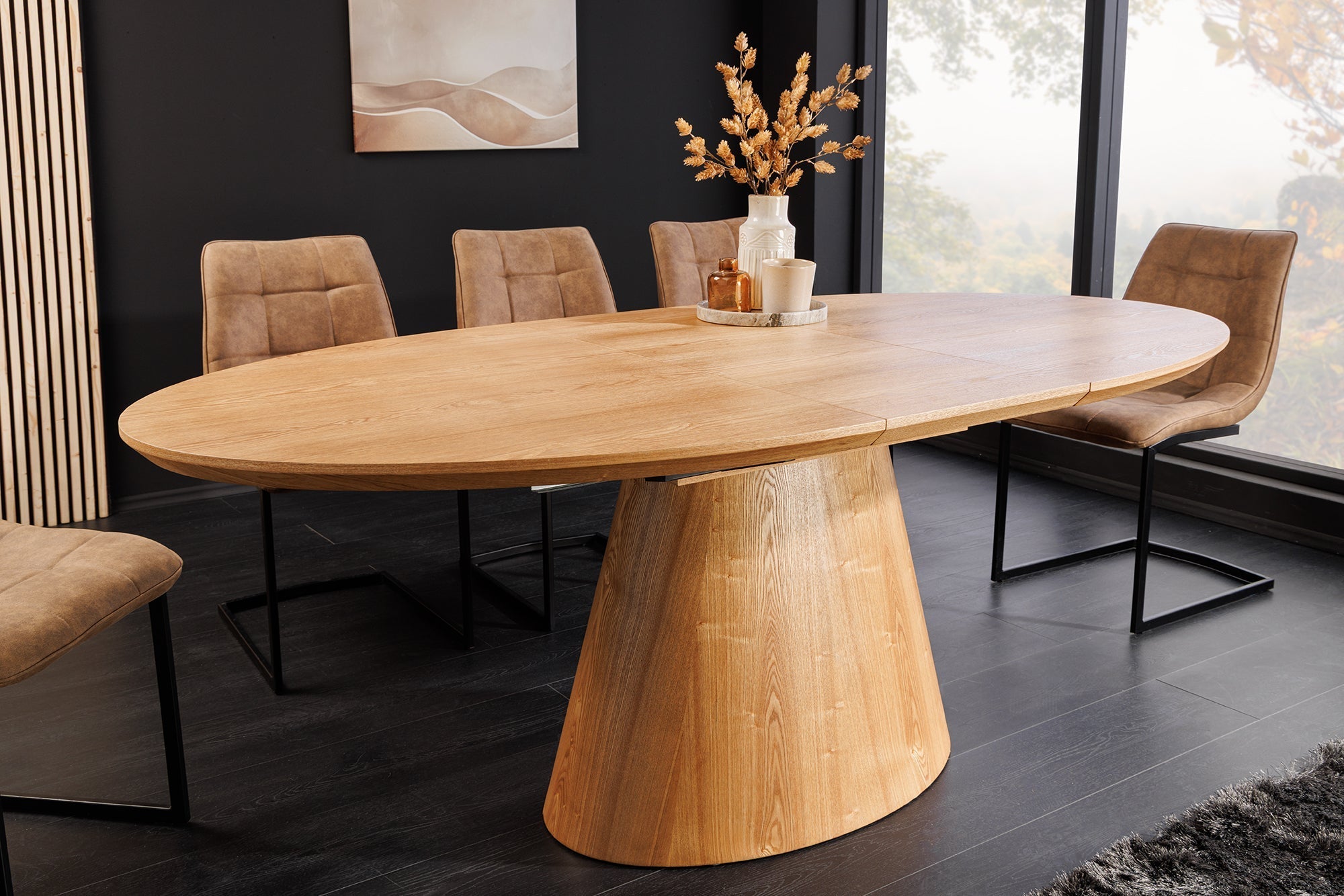 Table à manger extensible UNIQUE 160-200cm en bois de chêne naturel avec piètement colonne