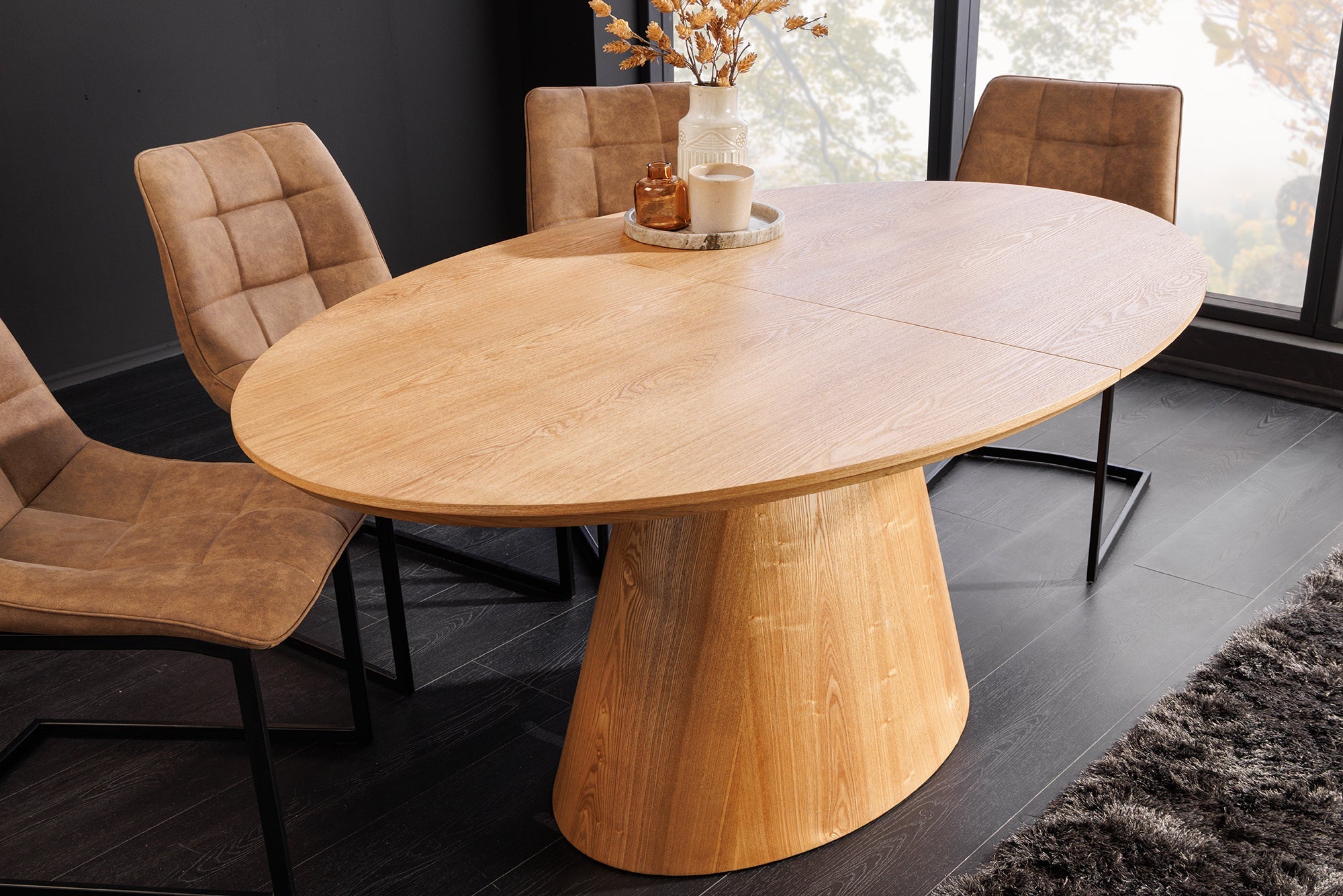 Table à manger extensible UNIQUE 160-200cm en bois de chêne naturel avec piètement colonne