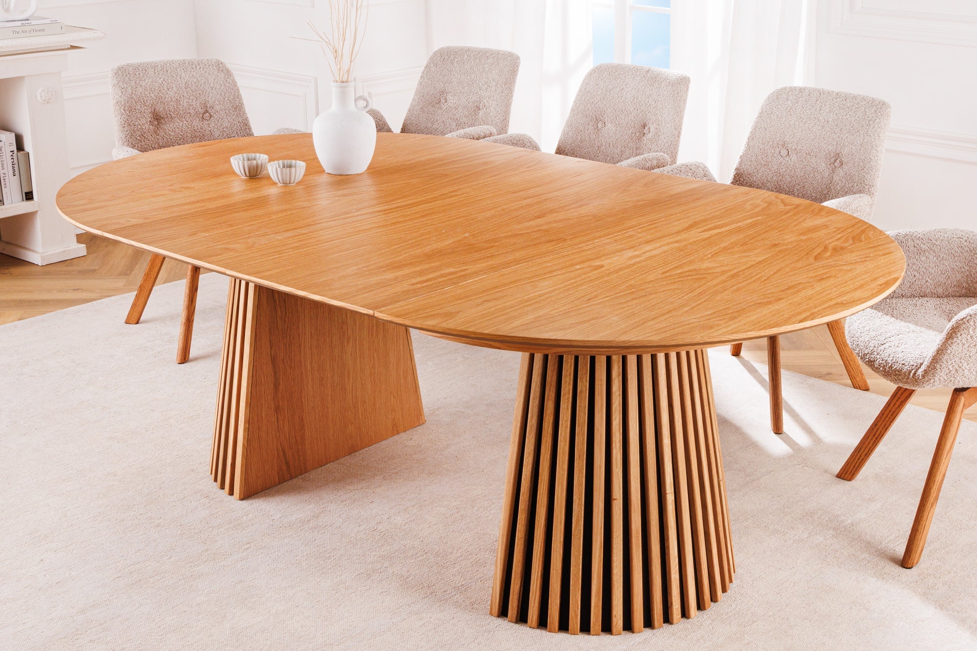 Mesa de comedor extensible VALHALLA WOOD 120-160-200cm roble natural base columna ovalada