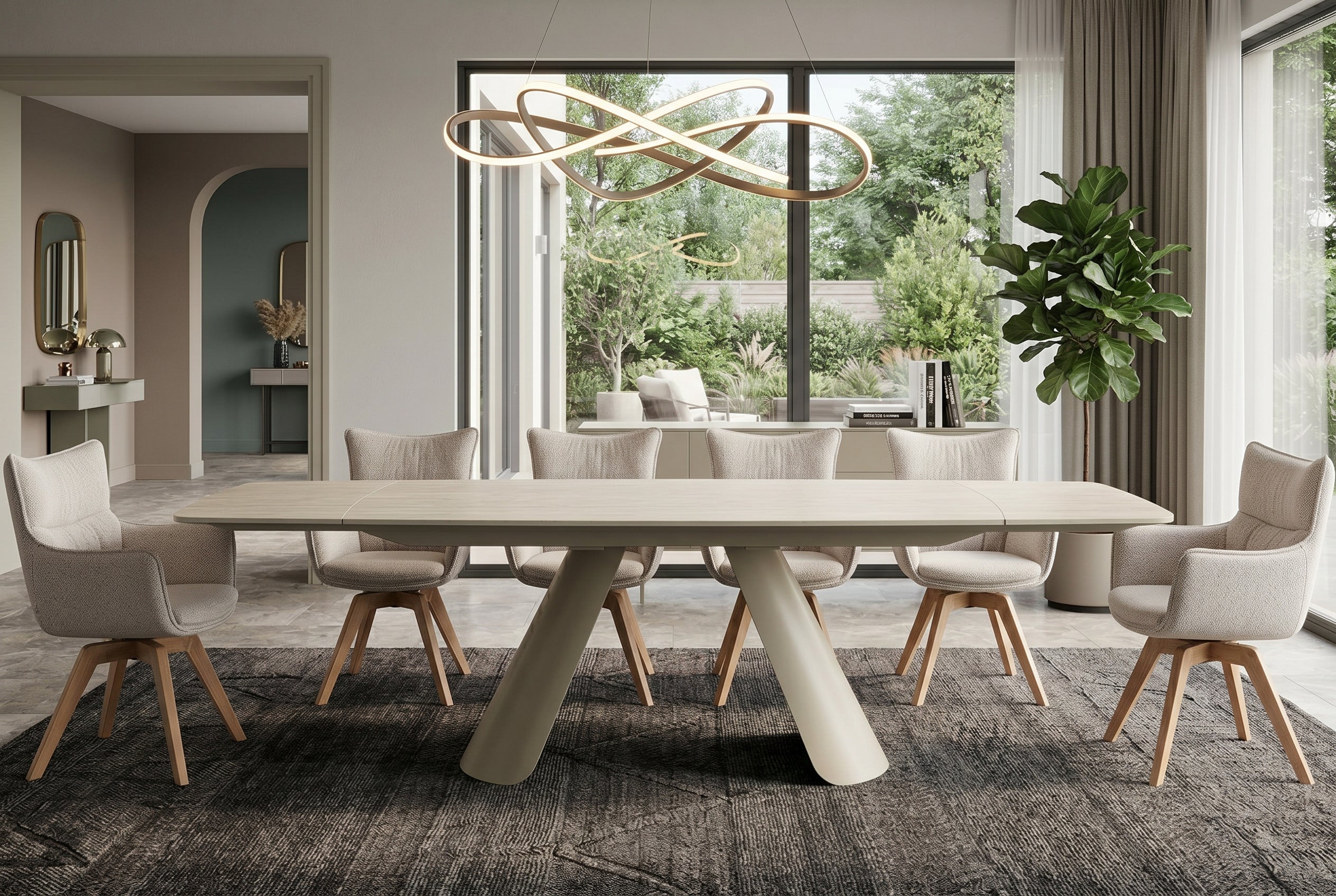 Table à manger extensible VOGUE 160-200-240cm céramique beige travertin métal champagne grège