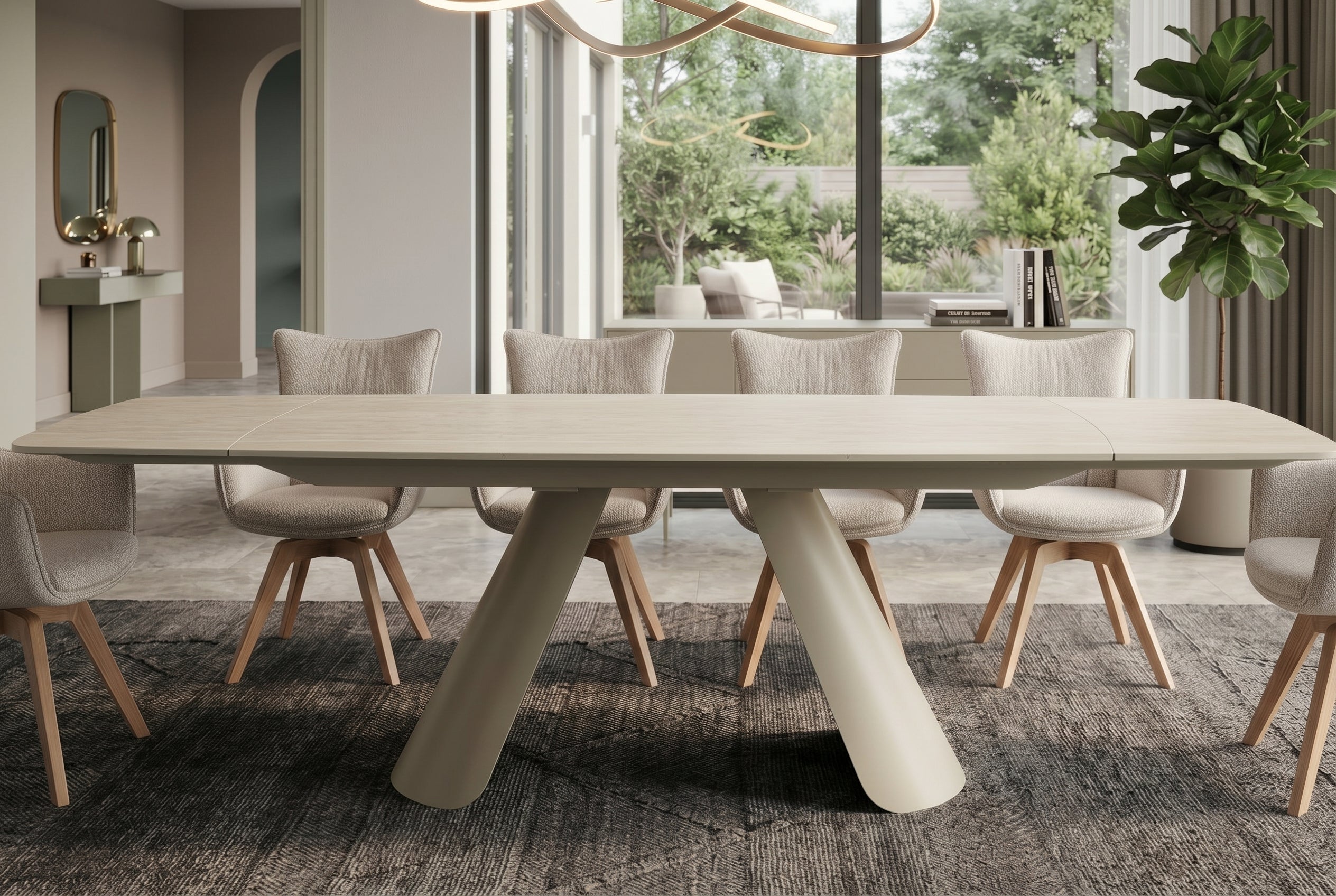 Table à manger extensible VOGUE 160-200-240cm céramique beige travertin métal champagne grège