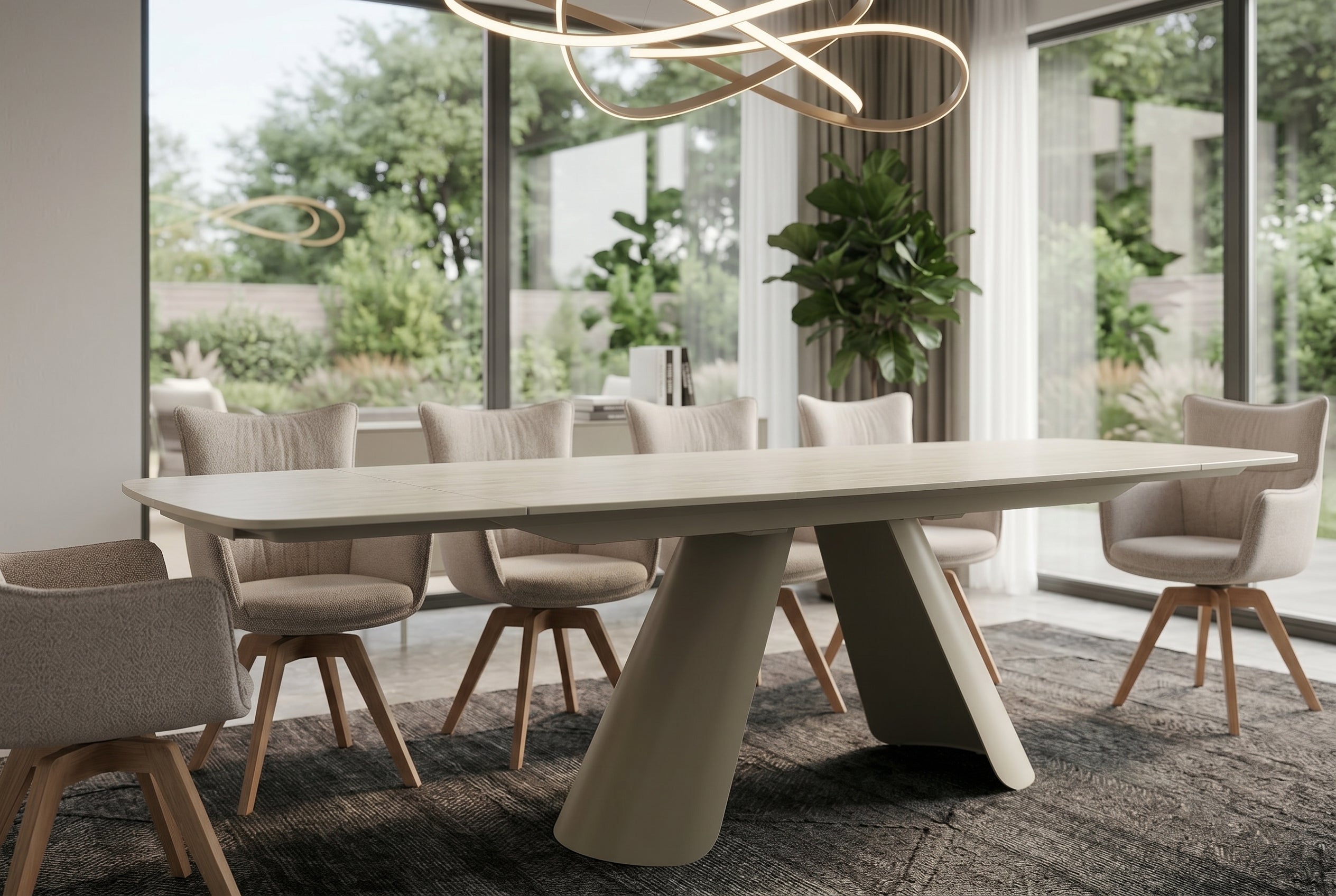 Table à manger extensible VOGUE 160-200-240cm céramique beige travertin métal champagne grège