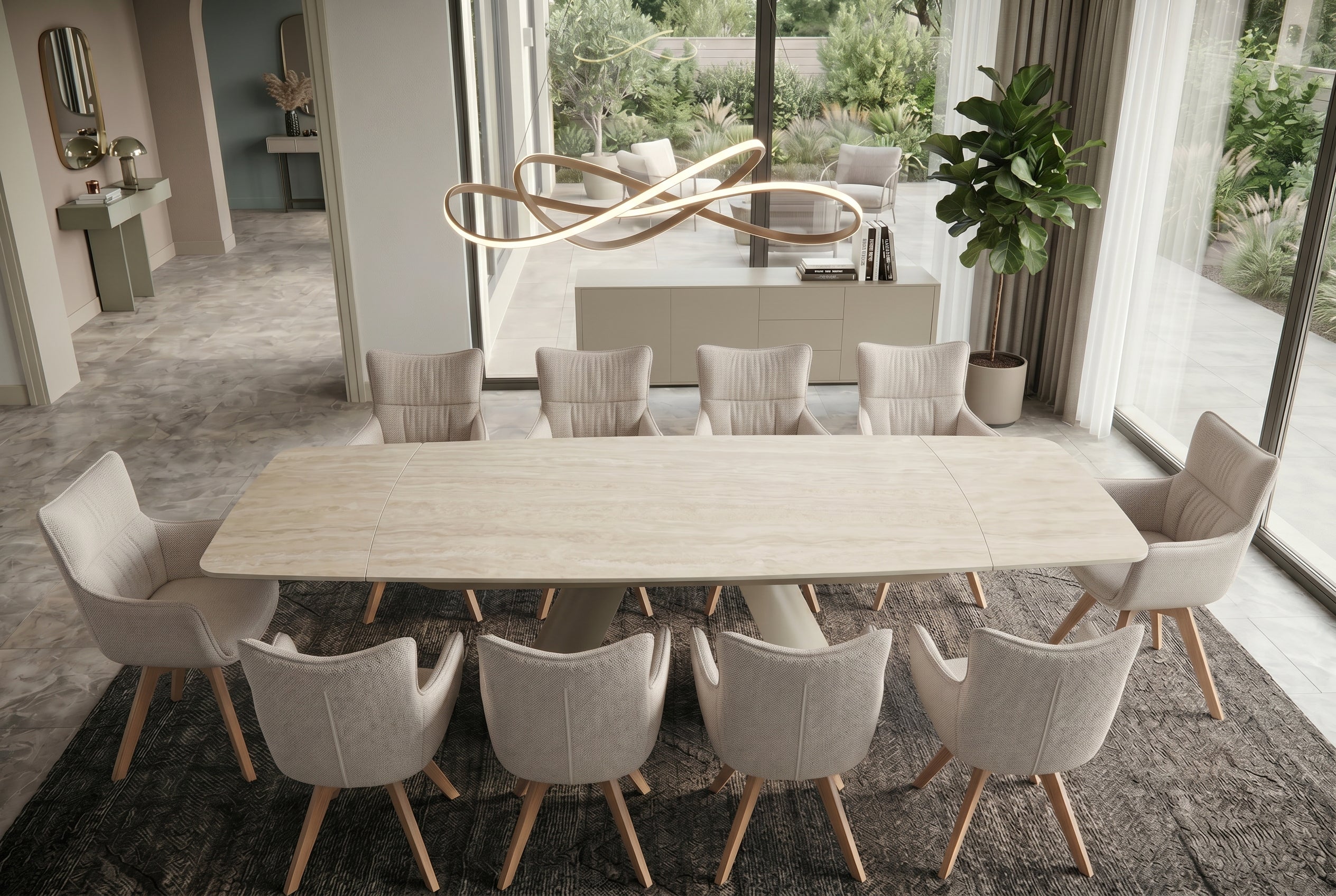 Table à manger extensible VOGUE 160-200-240cm céramique beige travertin métal champagne grège
