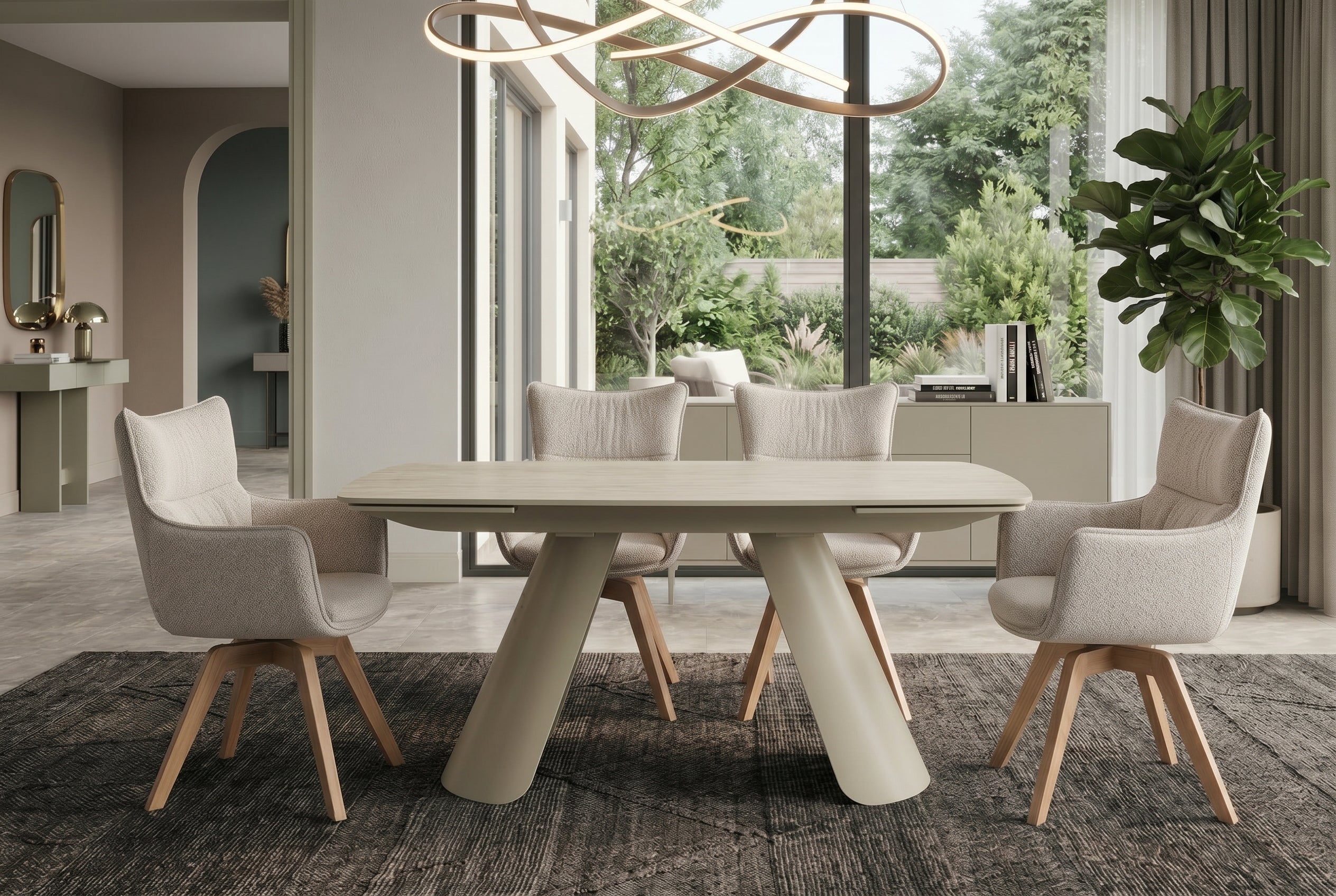 Table à manger extensible VOGUE 160-200-240cm céramique beige travertin métal champagne grège