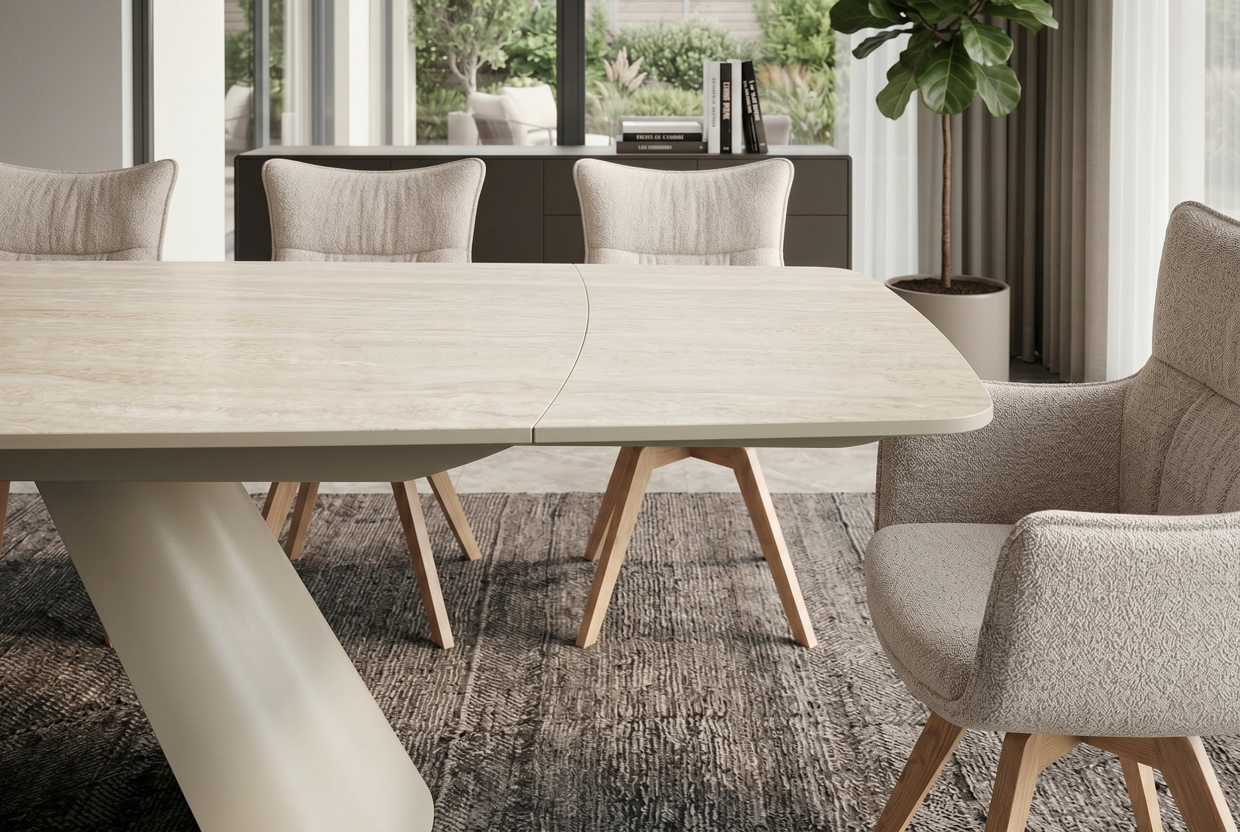 Table à manger extensible VOGUE 160-200-240cm céramique beige travertin métal champagne grège