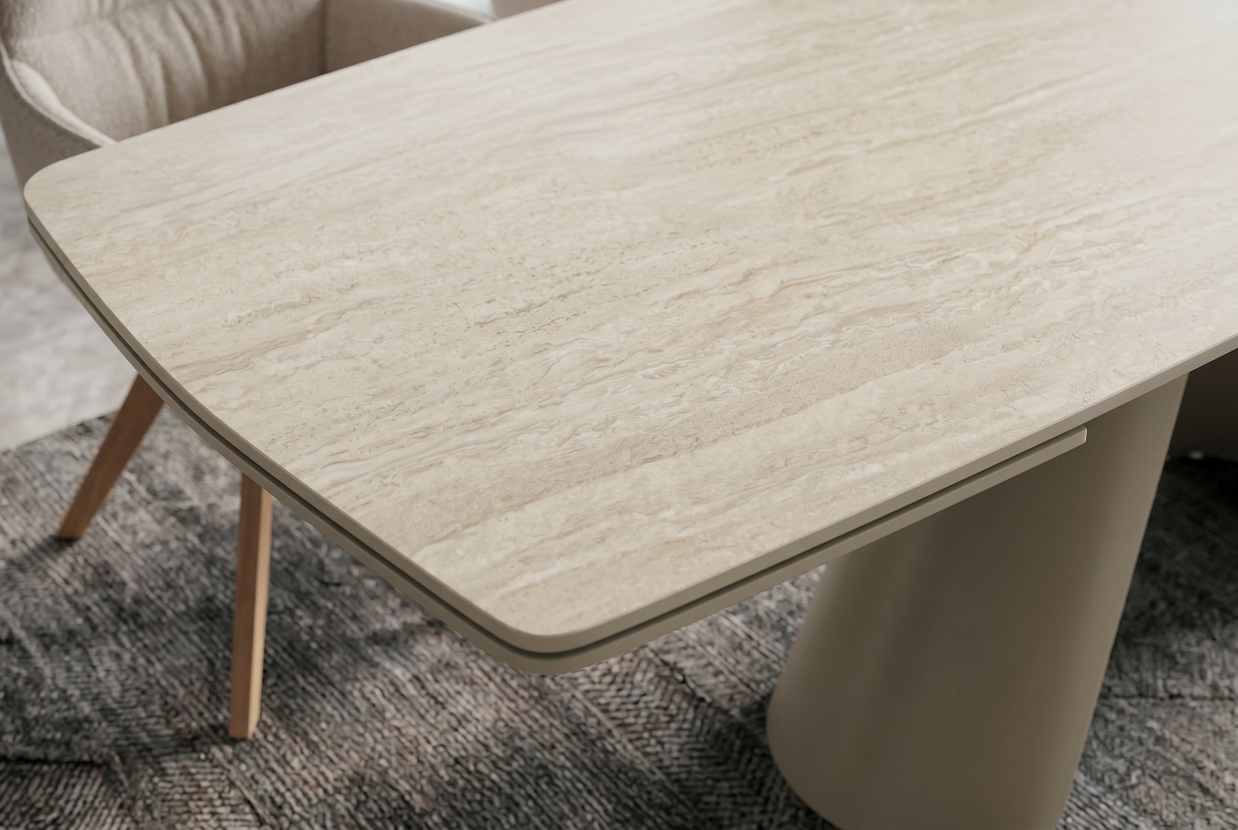 Table à manger extensible VOGUE 160-200-240cm céramique beige travertin métal champagne grège