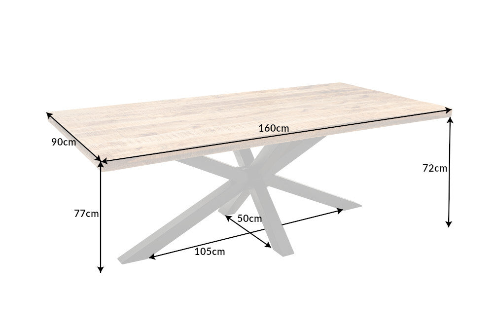 GALAXIE mesa de comedor industrial maciza 160cm madera de mango estructura en forma de estrella