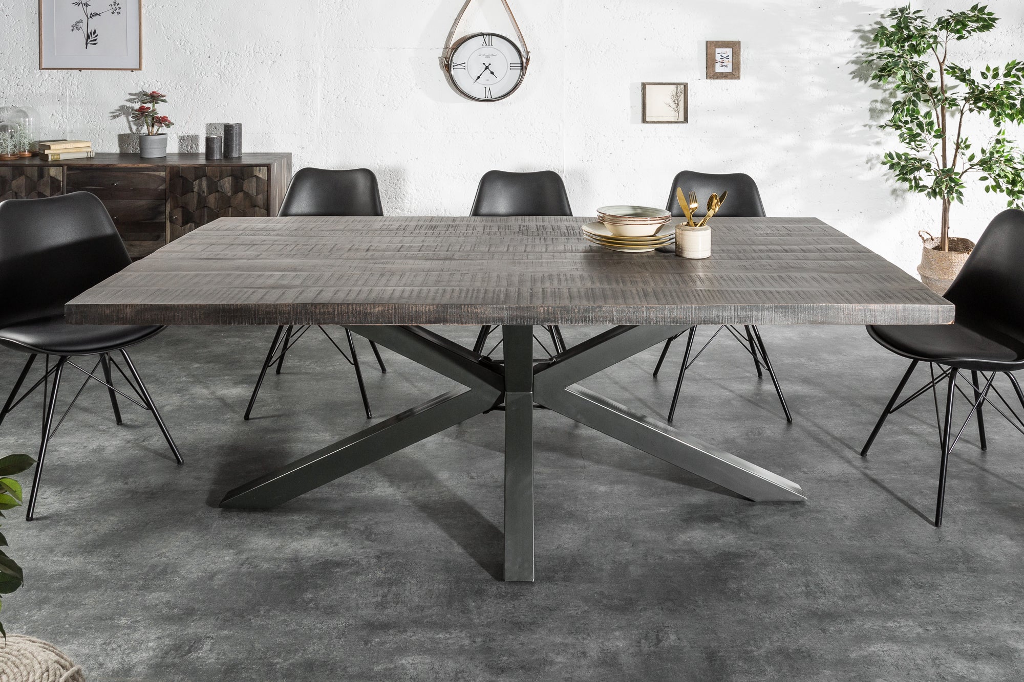 GALAXIE Mesa de comedor industrial maciza de 200 cm en madera de mango gris con estructura en forma de estrella