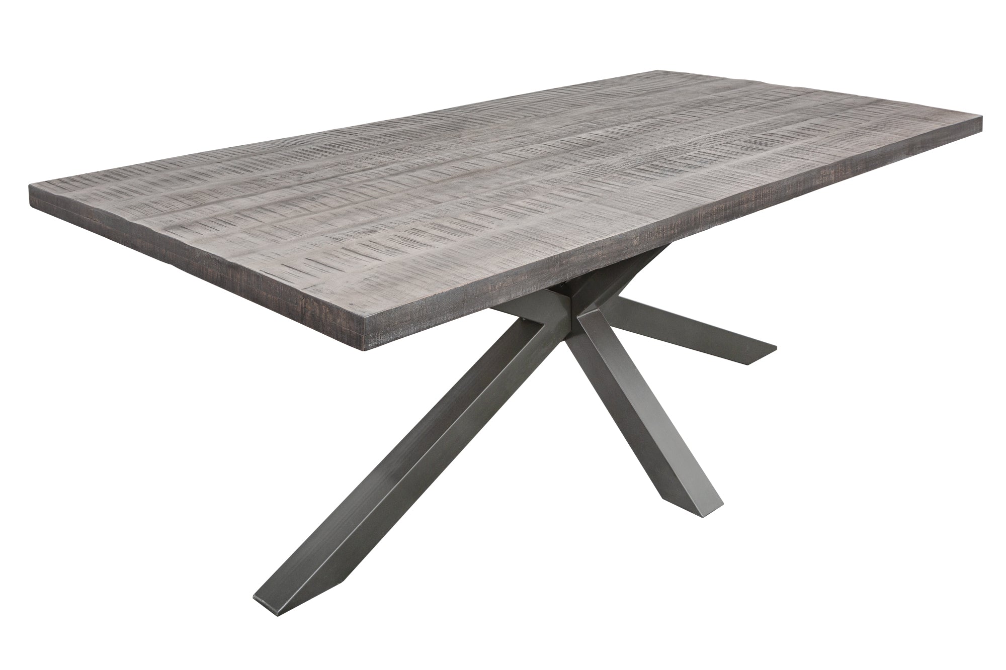 GALAXIE Mesa de comedor industrial maciza de 200 cm en madera de mango gris con estructura en forma de estrella