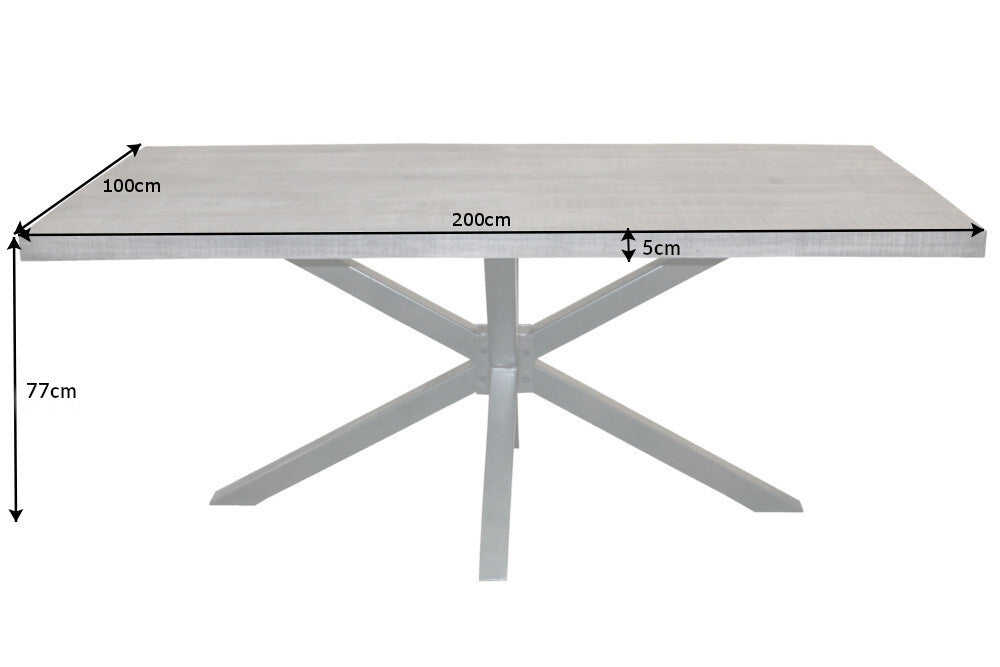 GALAXIE Mesa de comedor industrial maciza de 200 cm en madera de mango gris con estructura en forma de estrella