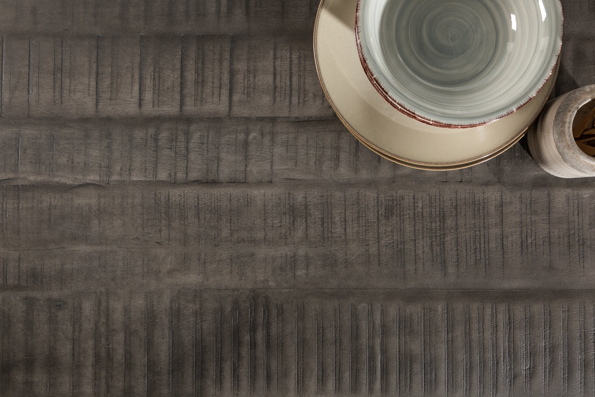 GALAXIE Mesa de comedor industrial maciza de 200 cm en madera de mango gris con estructura en forma de estrella