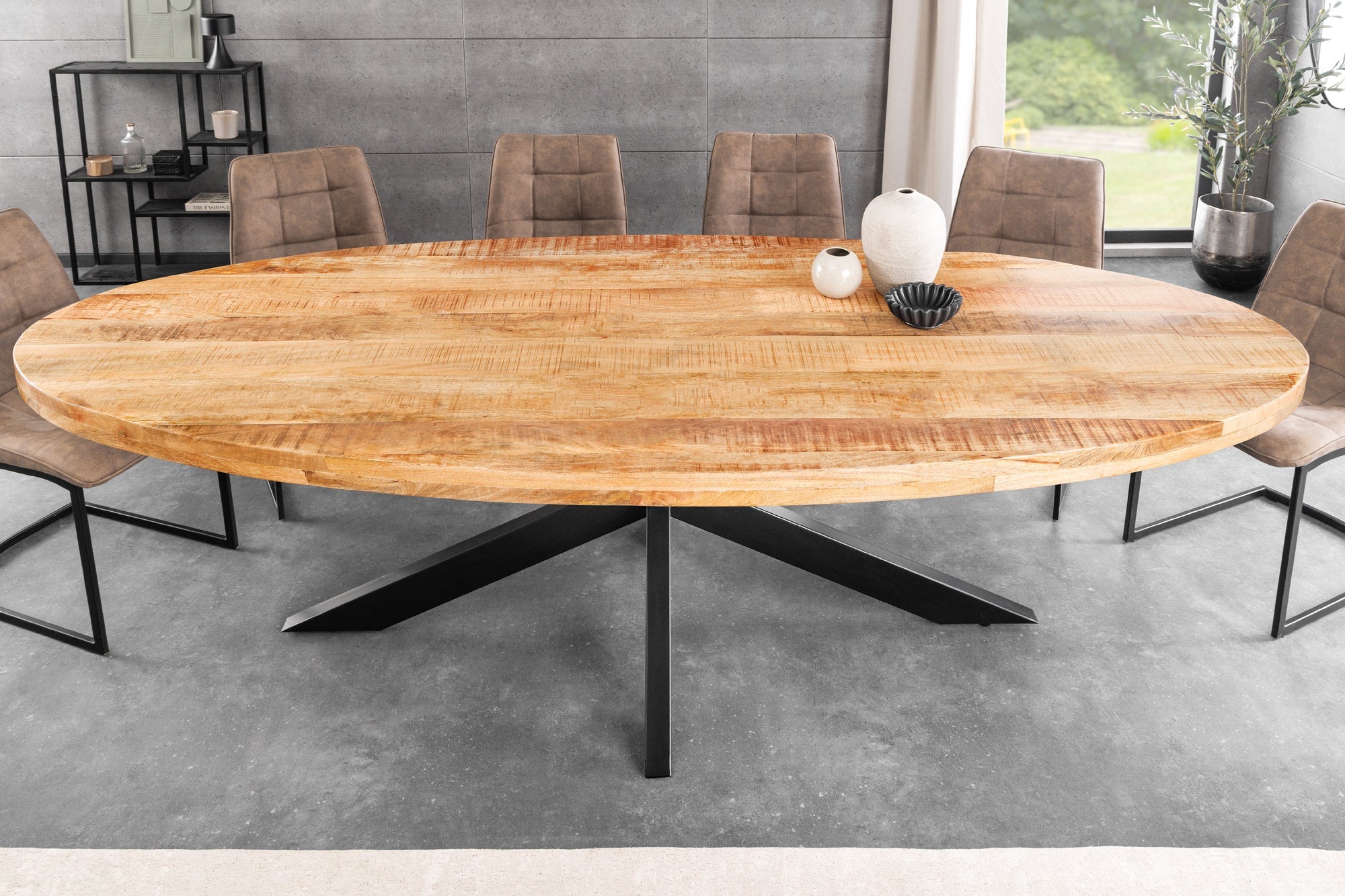 GALAXIE mesa de comedor industrial maciza 240cm madera de mango natural marco ovalado estrella