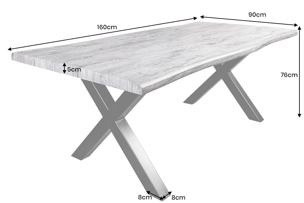 Table à manger industrielle WILD 160 cm chêne sauvage gris cérusé, bord d'arbre, cadre en X noir