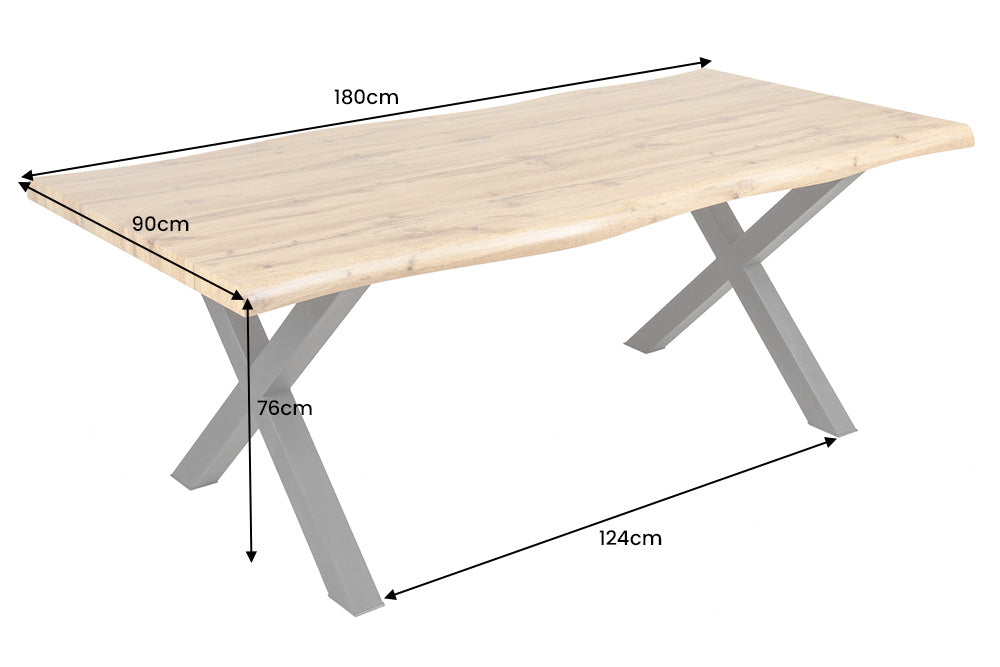 Table à manger industrielle WILD 180 cm design chêne sauvage marron bord d'arbre cadre en X noir