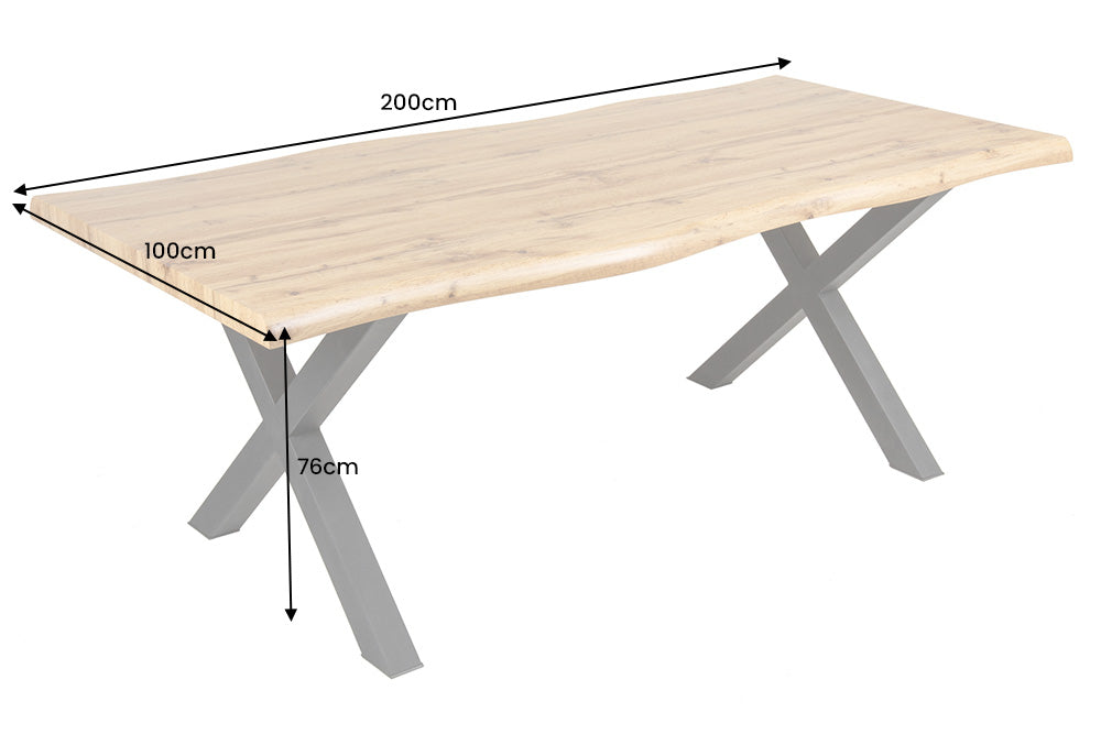 Table à manger industrielle WILD 200 cm design chêne sauvage marron bord d'arbre cadre en X noir
