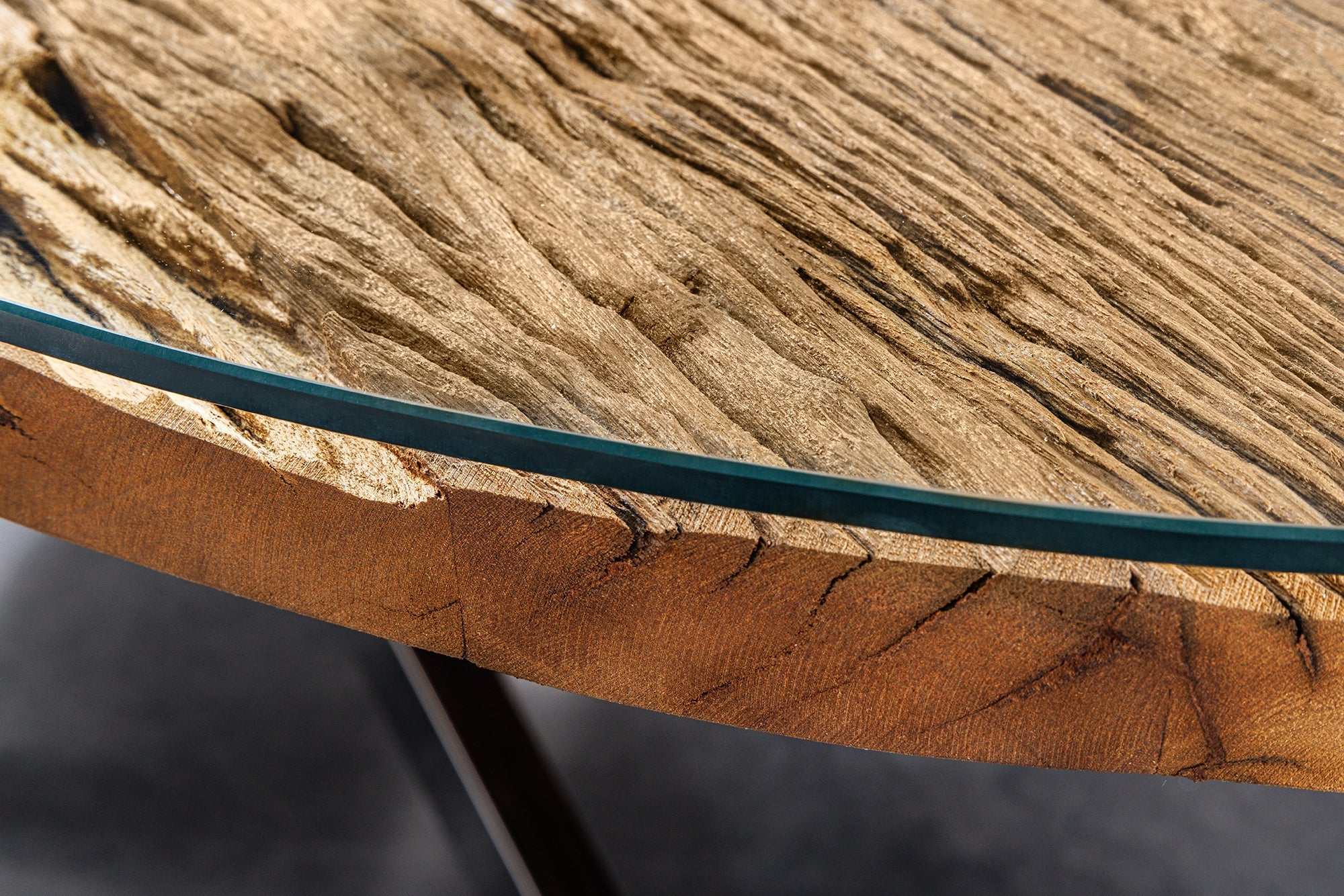 Table à manger massive BARRACUDA 220cm teck marron structure étoile argent plateau verre