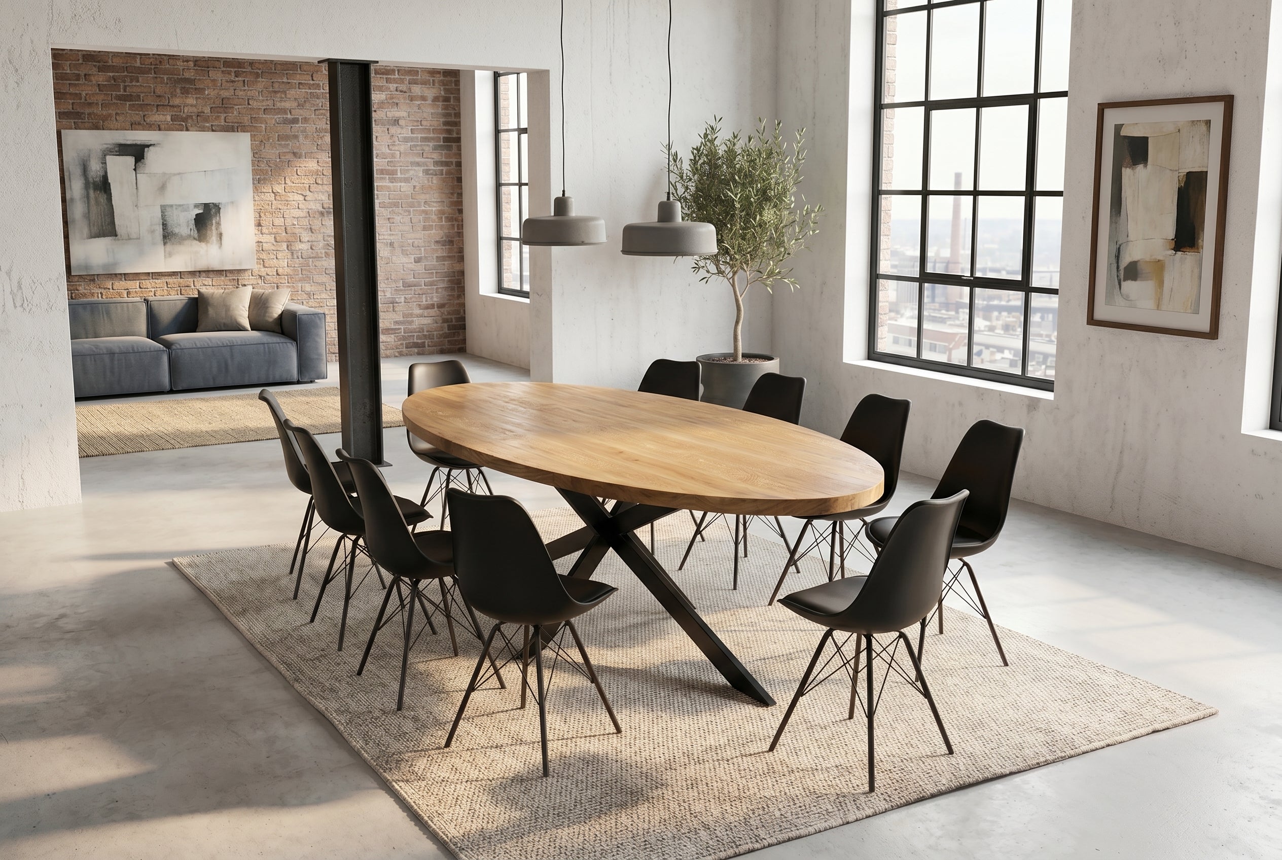 Table à manger massive GALAXIE 240cm bois de manguier marron ovale structure étoile en fer noir